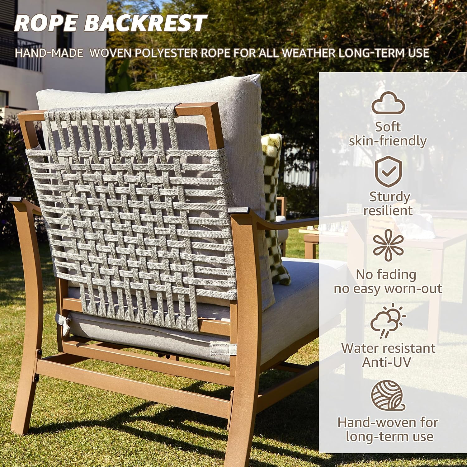 NATURAL EXPRESSIONS 4 Pieces Patio Furniture Sets,Modern Metal Outdoor Conversation Sets with All Weather Hand-Woven Rope Chairs,High Back Frame,Metal Table, 6' Thick Olefin Cushions for Yard,Garden