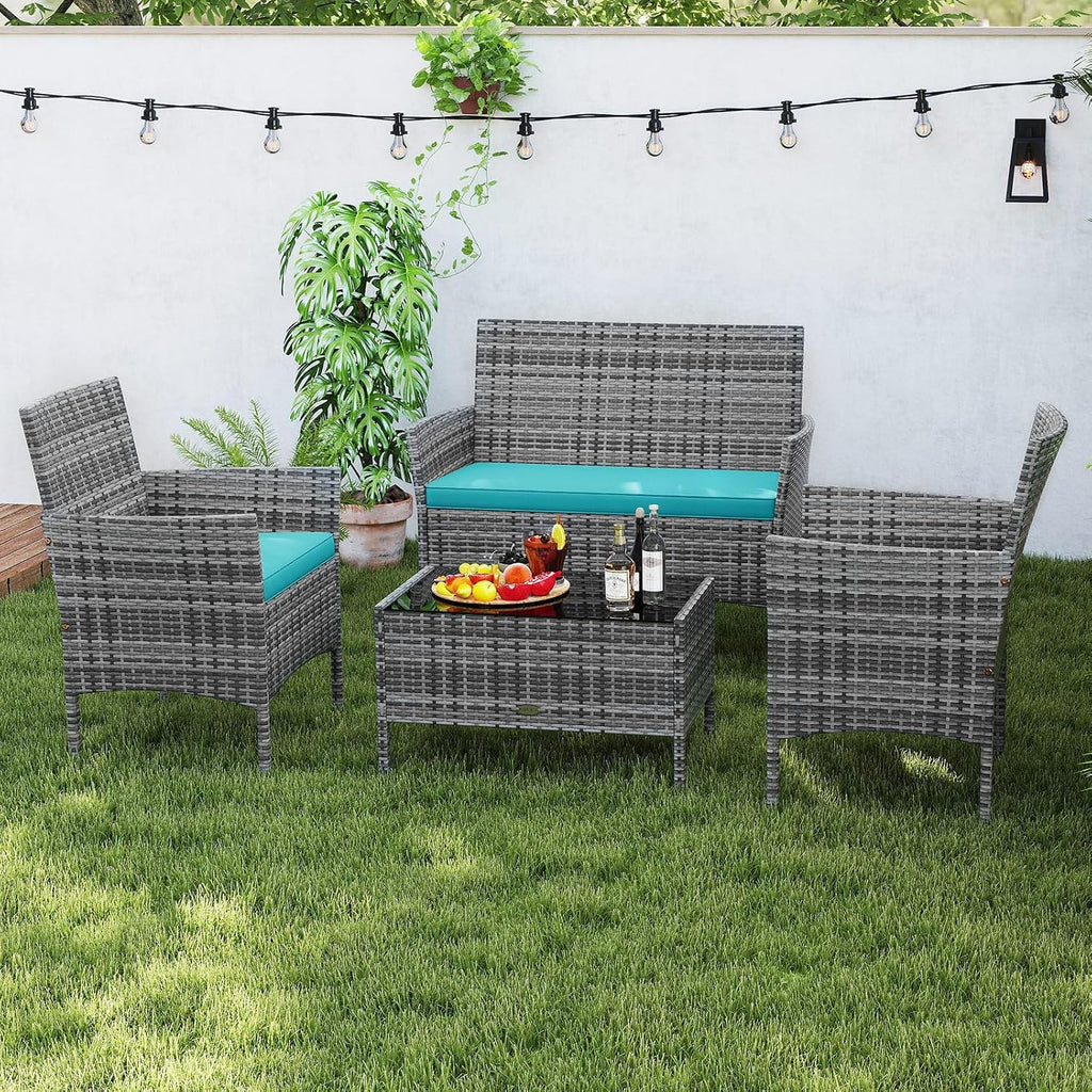 Tangkula 4 Pieces Patio Rattan Conversation Set, Outdoor Wicker Furniture Set with Cushioned Chair, Loveseat & Tempered Glass Table, Outside Sectional Sofa Set for Backyard (G-Turquoise,1)