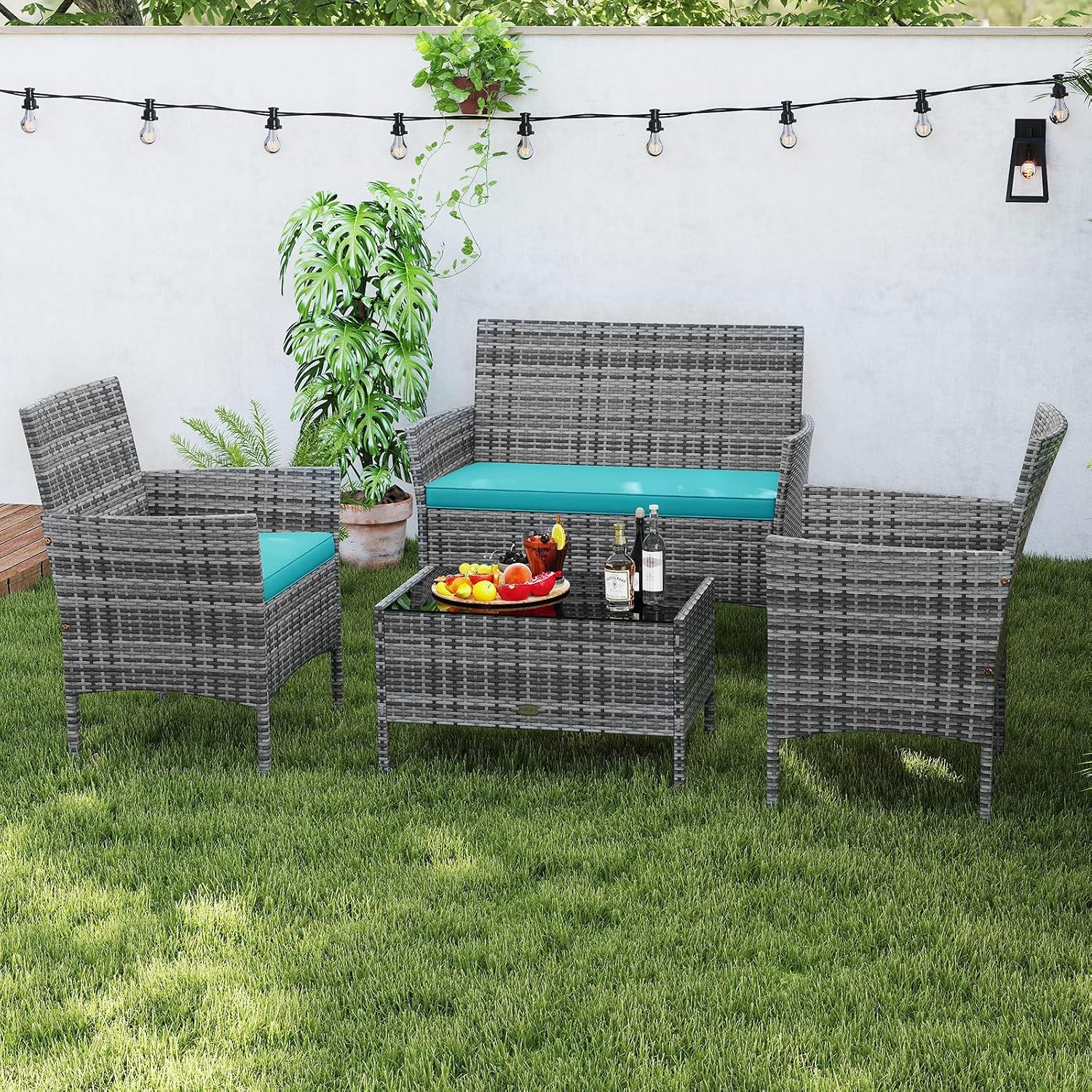 Tangkula 4 Pieces Patio Rattan Conversation Set, Outdoor Wicker Furniture Set with Cushioned Chair, Loveseat & Tempered Glass Table, Outside Sectional Sofa Set for Backyard (G-Turquoise,1)