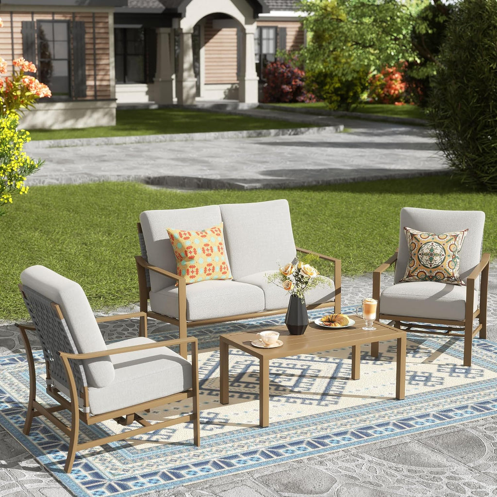 NATURAL EXPRESSIONS 4 Pieces Patio Furniture Sets,Modern Metal Outdoor Conversation Sets with All Weather Hand-Woven Rope Chairs,High Back Frame,Metal Table, 6' Thick Olefin Cushions for Yard,Garden