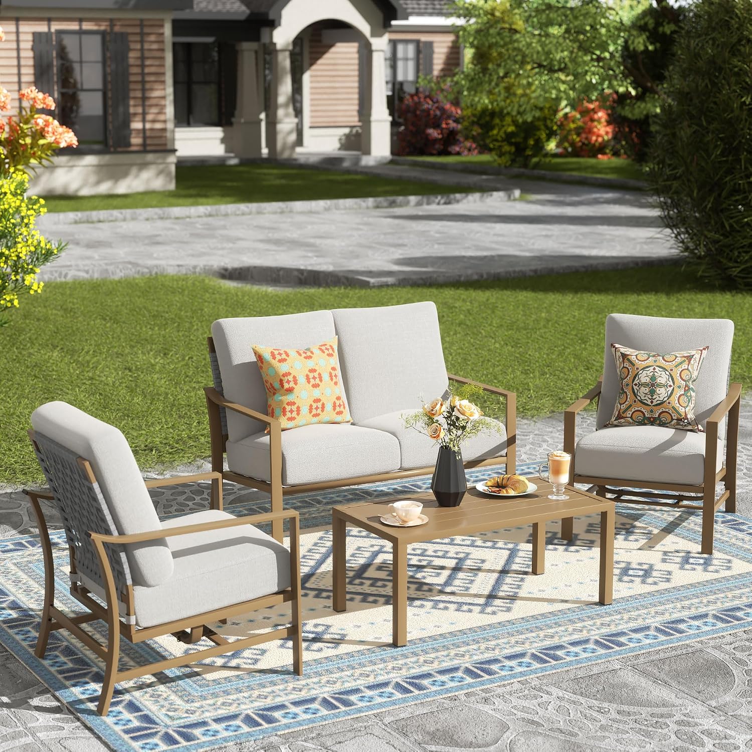 NATURAL EXPRESSIONS 4 Pieces Patio Furniture Sets,Modern Metal Outdoor Conversation Sets with All Weather Hand-Woven Rope Chairs,High Back Frame,Metal Table, 6' Thick Olefin Cushions for Yard,Garden