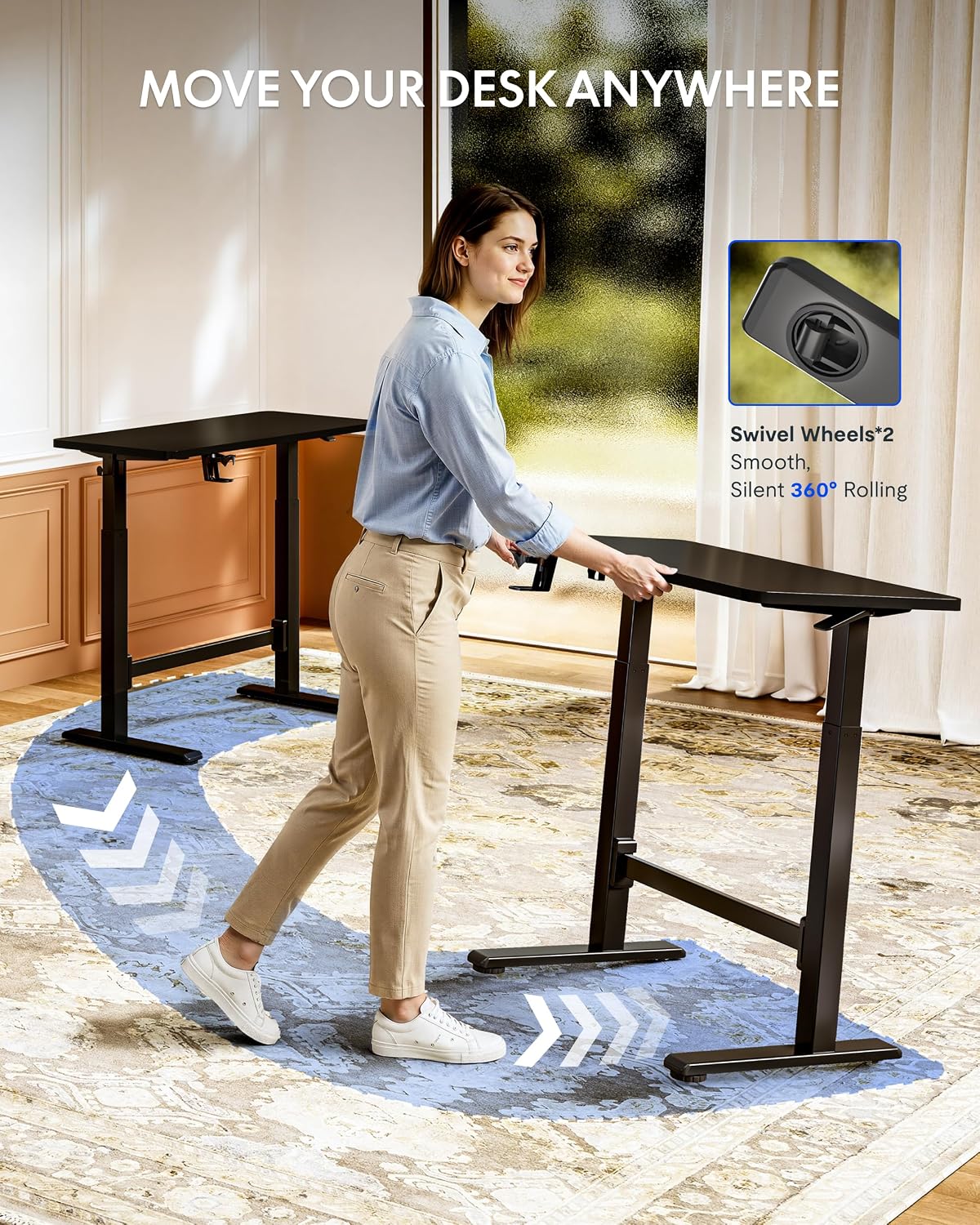 FLEXISPOT H7 Plus Gas Spring Adjustable Standing Desk, Mobile Rolling Sit-Stand Table with Wheels, Cordless Stand Up Desk for Small Spaces & Home Office, 48' One-Piece Desktop Black,Height 27.6'–45'