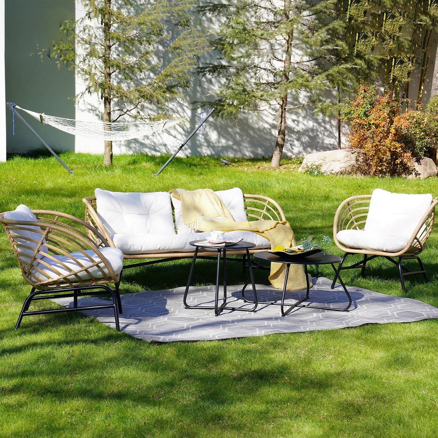 Grand patio Patio Furniture Set, Outdoor Wicker Patio Conversation Seating Chair with Cushions and Coffee Table, Boho Seating Chat Set for Indoor Outdoor, Balcony, Porch, Garden, Deck