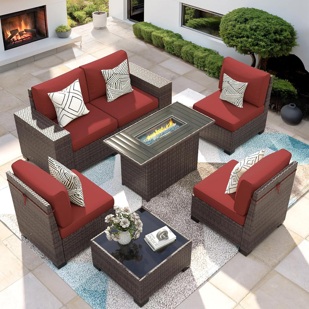 7 Piece Patio Furniture Set with Fire Pit Table, Outdoor Conversation Sets Wicker Rattan Sectional Sofa with Coffee Table for Patio Garden Backyard, 4'' Thickened Cushion Wine Red
