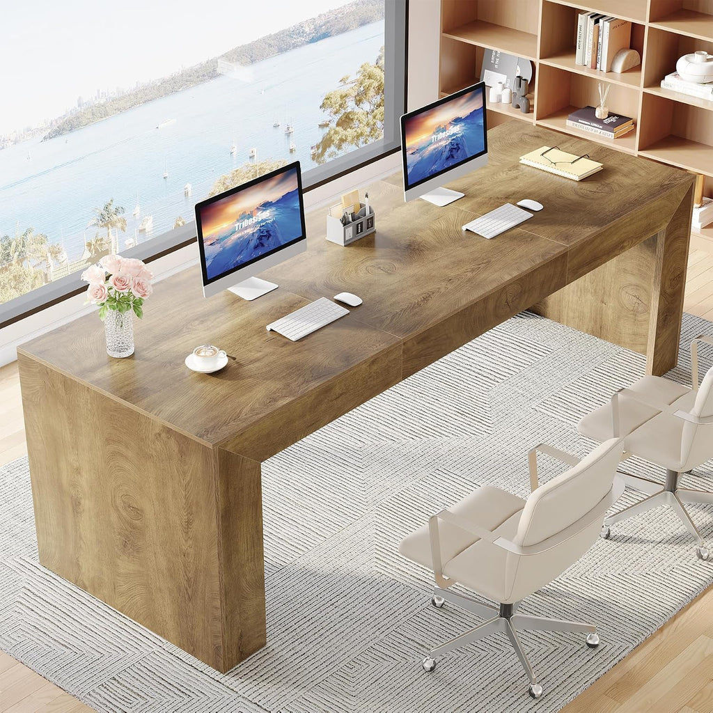 Tribesigns 78.7-Inch Long Computer Desk for 2 People, Farmhouse Executive Desk with Wooden Desktop and Legs, Large Workstations Writing Table Gaming Table for Home Office, Heavy Duty, Brown