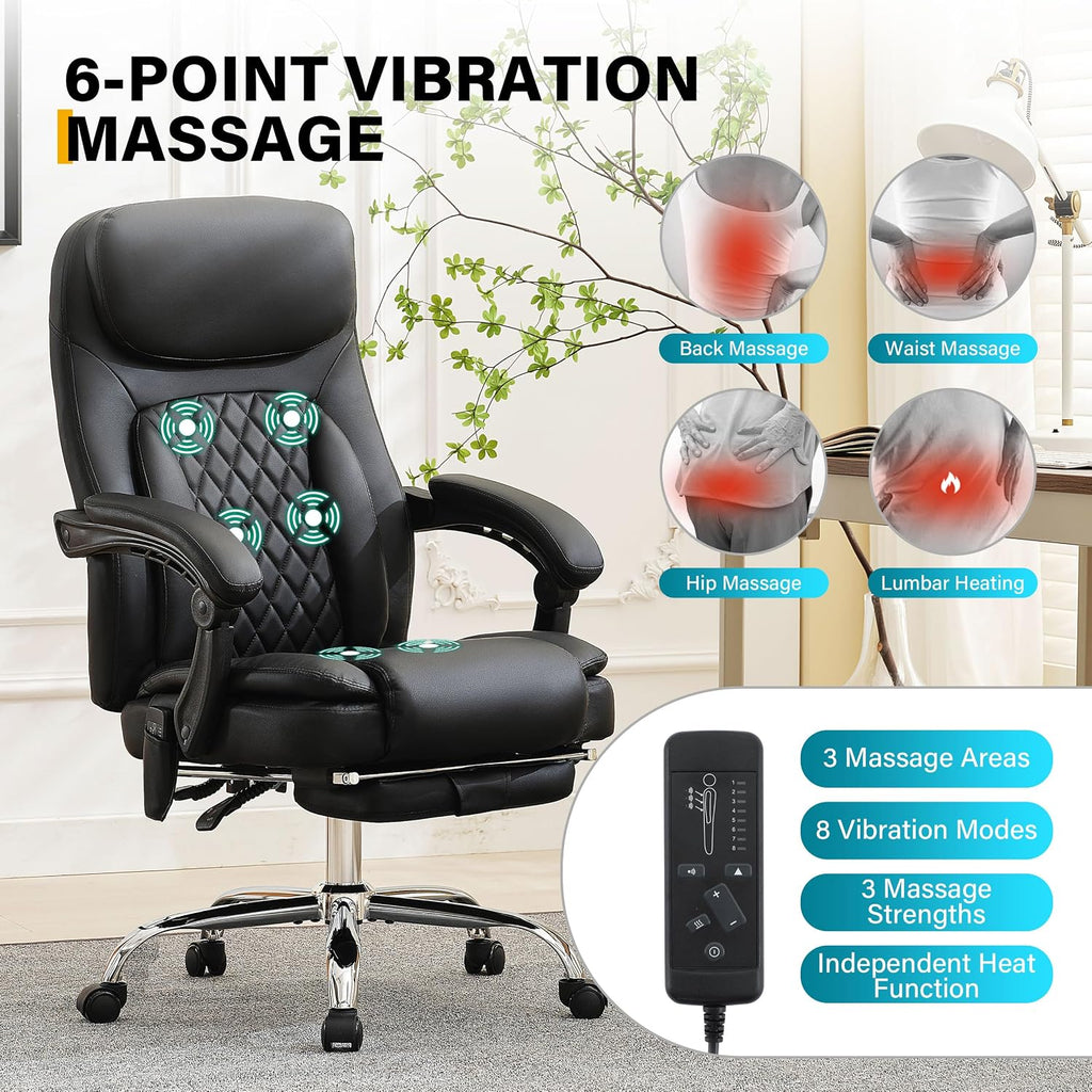 6-Point Massage Office Chair with Heated, Ergonomic Office Chair with Footrest & 45°Reclining High Back, Big and Tall Executive Office Chair 500LBS, Thick Cushion Desk Chair for Home Office, Black(PU)