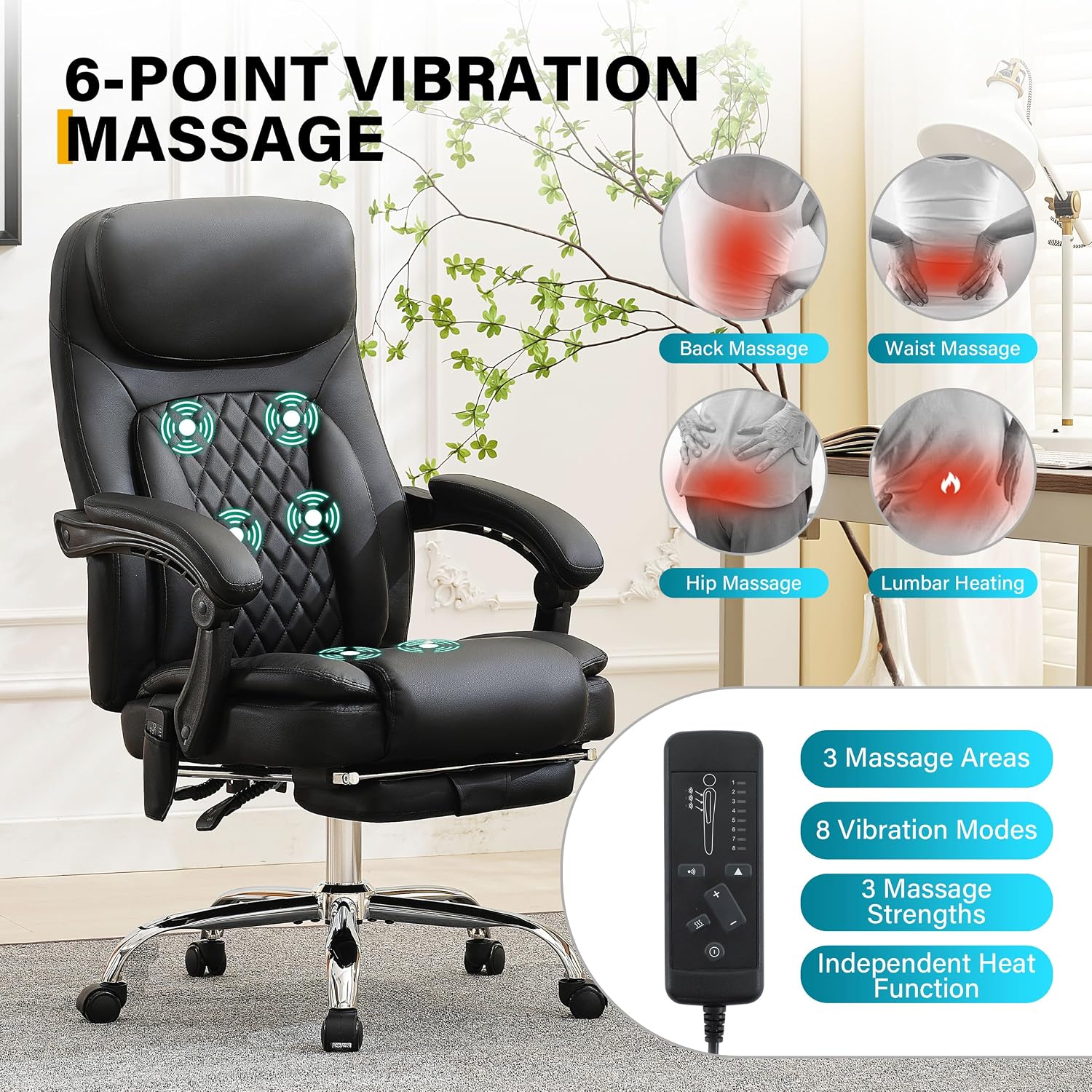 6-Point Massage Office Chair with Heated, Ergonomic Office Chair with Footrest & 45°Reclining High Back, Big and Tall Executive Office Chair 500LBS, Thick Cushion Desk Chair for Home Office, Black(PU)