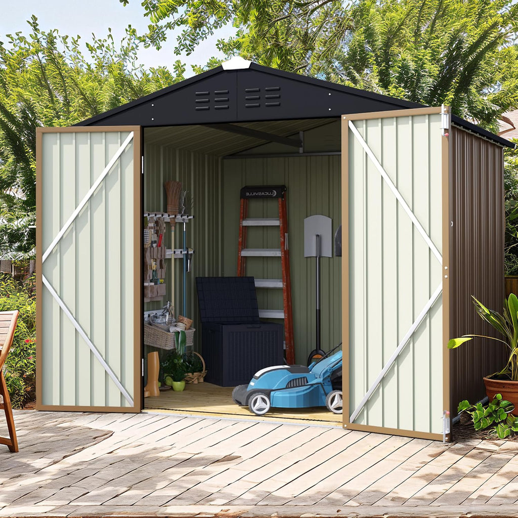 Flamaker 6x8 FT Storage Shed Waterproof Metal Garden Shed with Lockable Door Utility Tool Shed Outdoor Storage for Backyard, Patio and Lawn, Brown