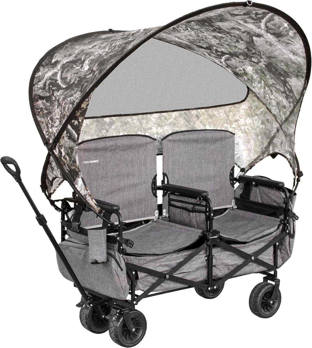 Lawn Chariot, Folding Wagon with 2 Adult Seats & UPF 50+ Canopy, Under-Seat Storage, All-Terrain Wheels, Camouflage Canopy
