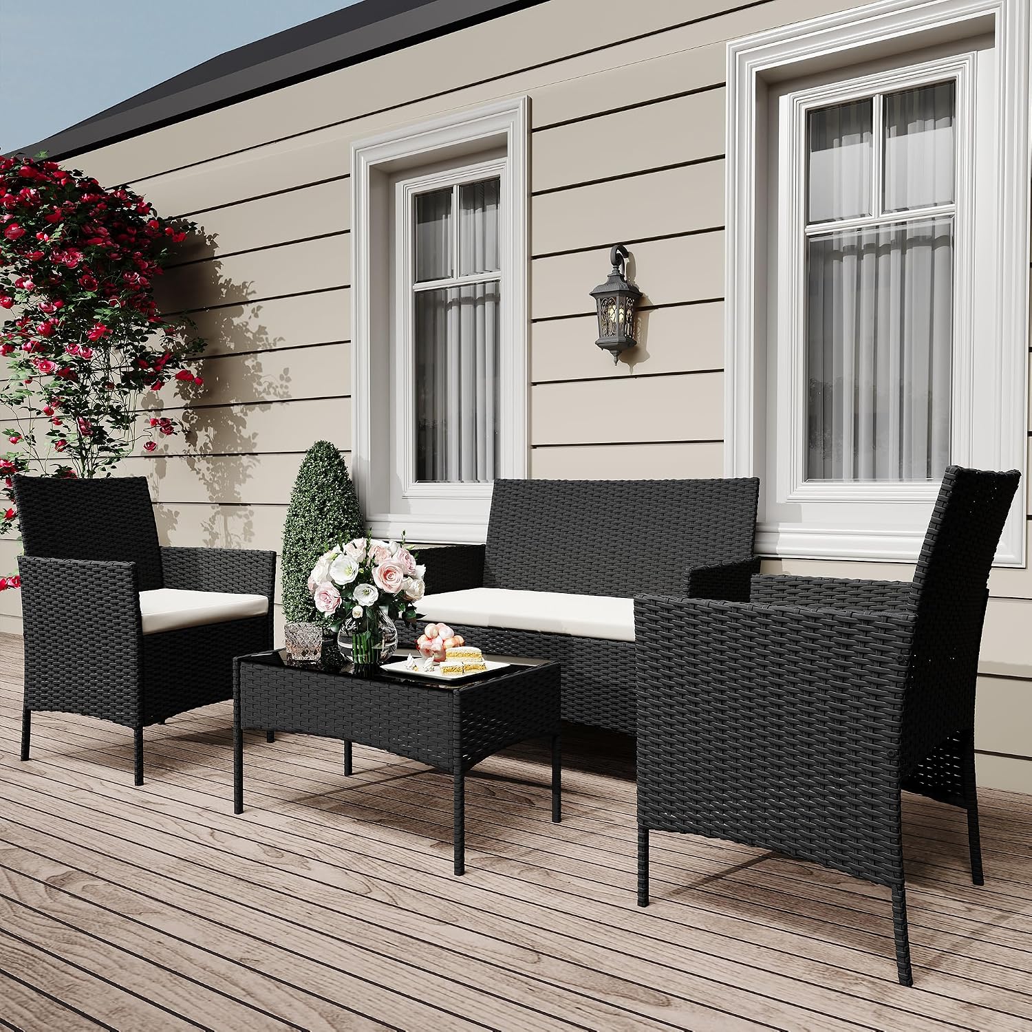 GarveeLife 4-Piece Patio Furniture Set, Rattan Outdoor Furniture with Upholstered Sofa, 2 Chairs & Coffee Table, Modern Conversation Bistro Set for Garden Backyard Porch (Black and Beige)