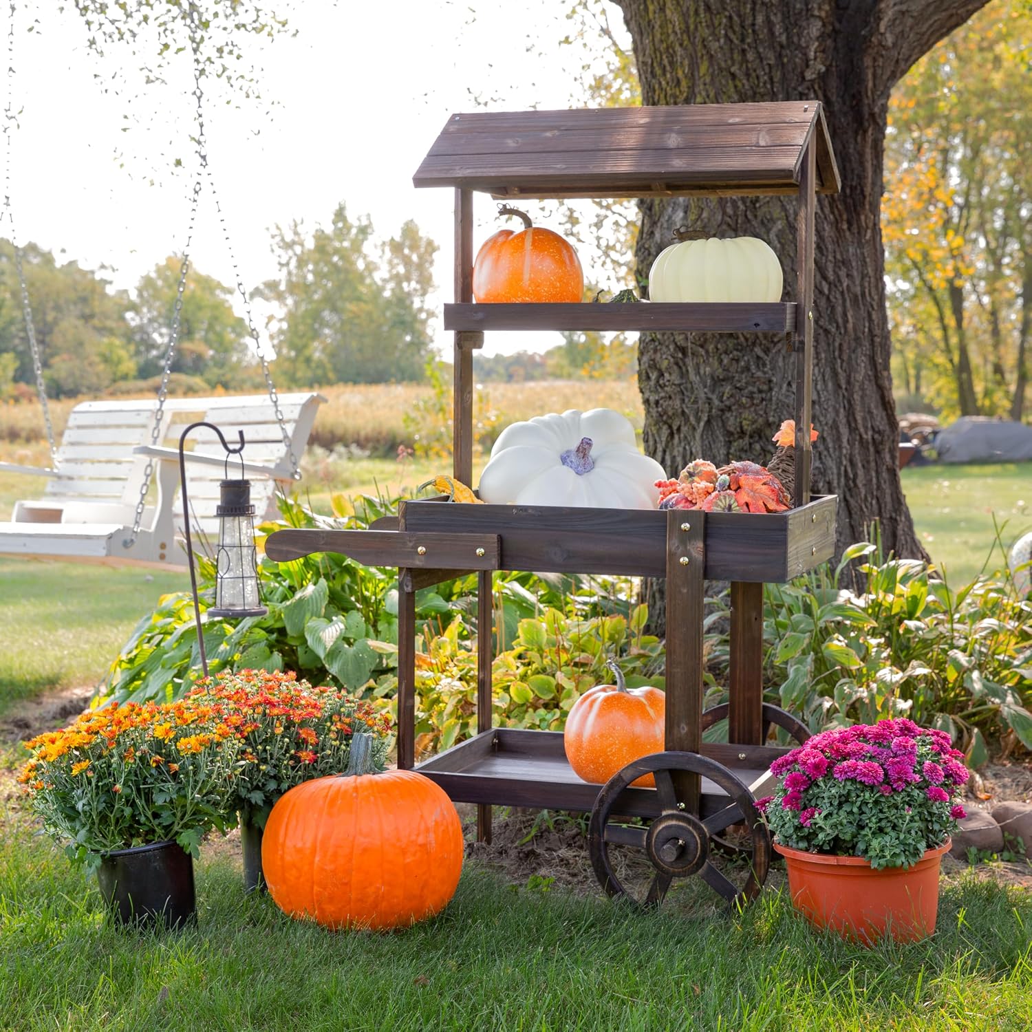 Sunnydaze Country Market Flower Cart Display Stand with Wheels - 2 Shelves - Fir Wood - 30 lb Weight Capacity - Charred Fir
