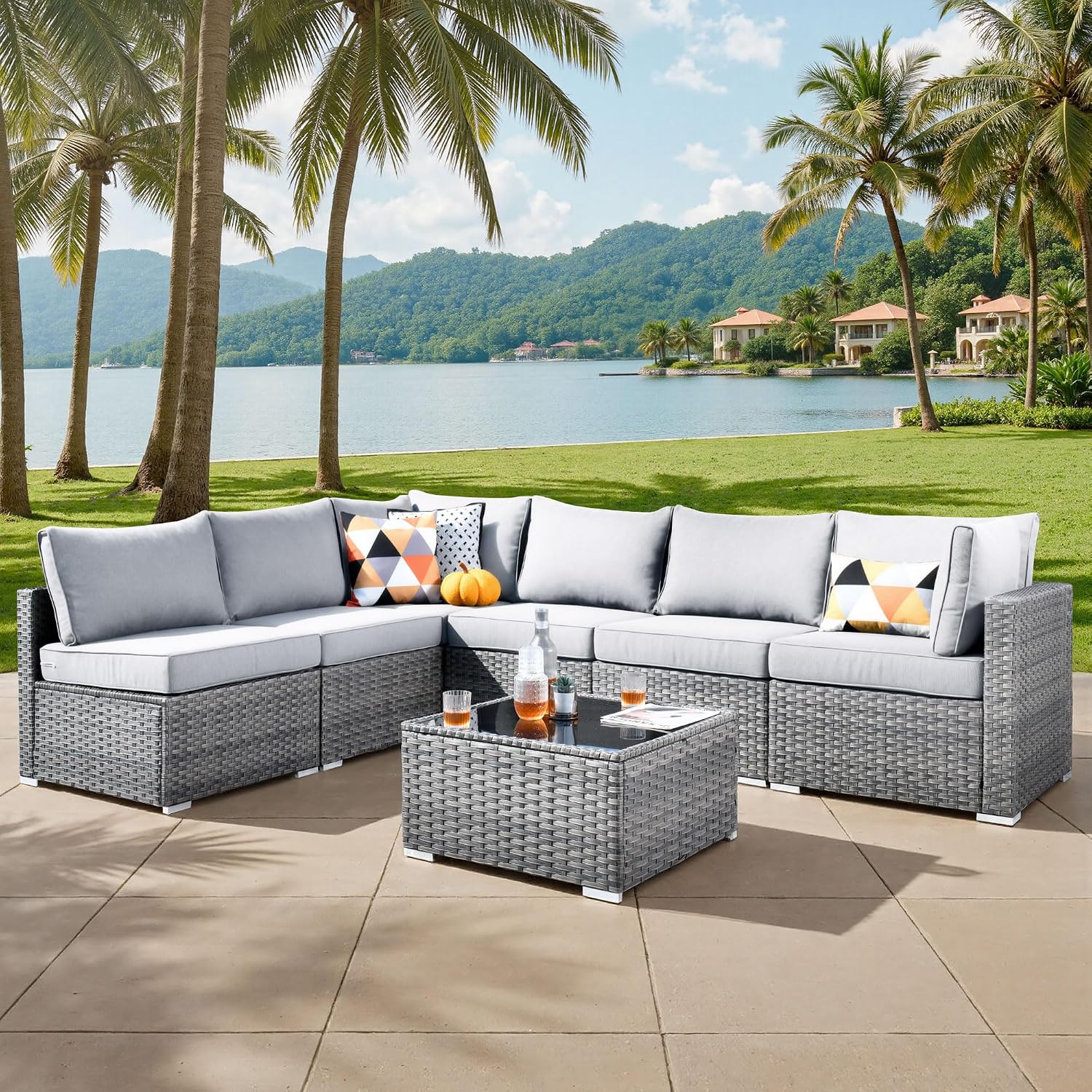 ovios Outdoor 7 Piece Coversation Set with Coffee Table,Sectional Patio Furniture Set with All-Weather Wicker Sofa,Modern Outside Couch for Balcony Backyard Pool, Beige