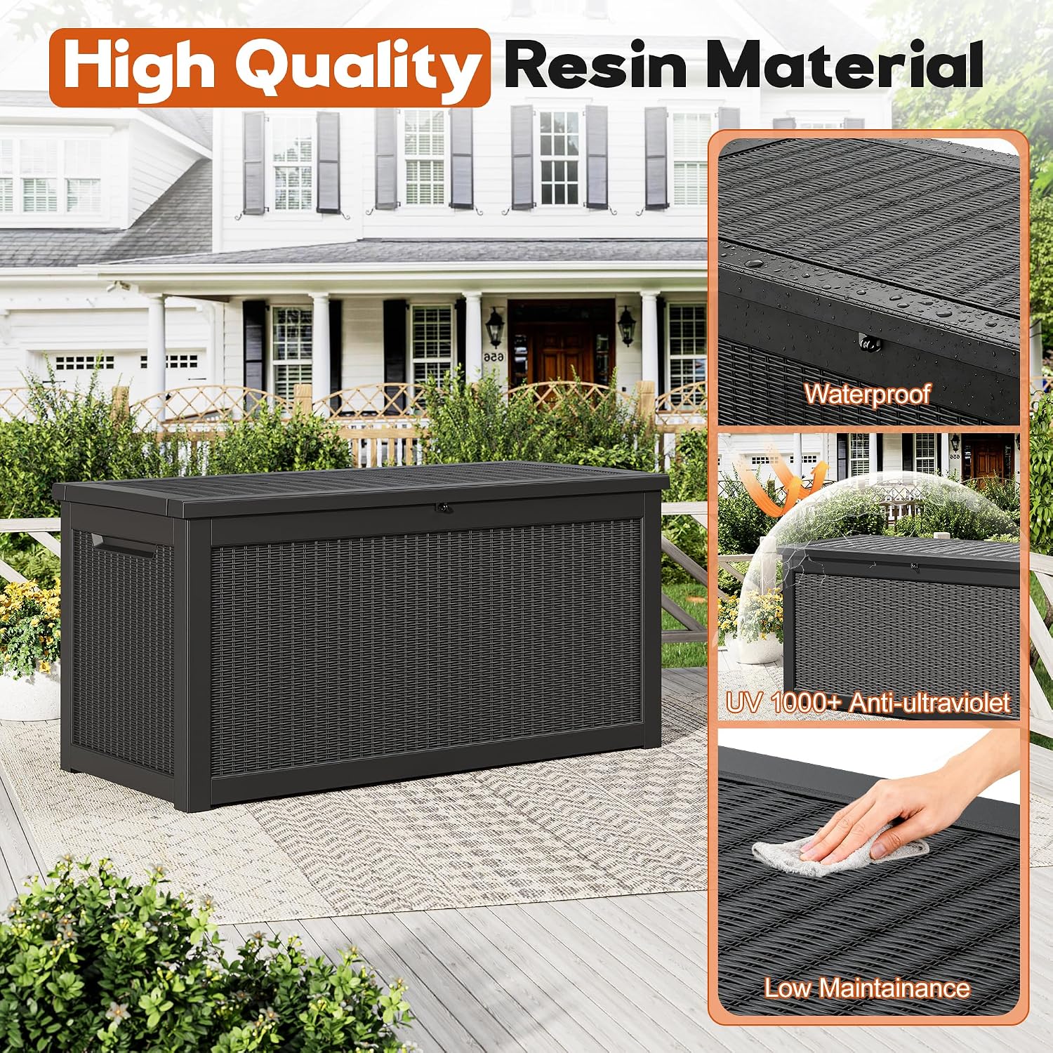 Outdoor Storage Box, Resin Deck Boxes Indoor and outdoor, Waterproof Storage Box Lockable Lid (Black,260 Gallon)