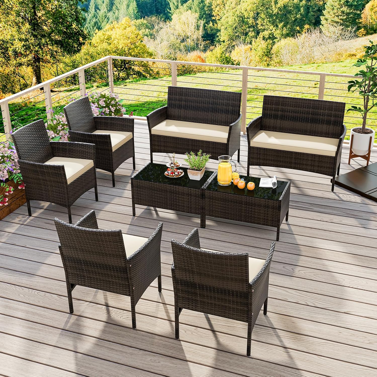 KOTEK 8 Piece Patio Furniture Set, Outdoor Rattan Conversation Set with Loveseat, Wicker Chairs, Tempered Glass Coffee Table, Wicker Patio Set for Backyard, Porch (Beige)