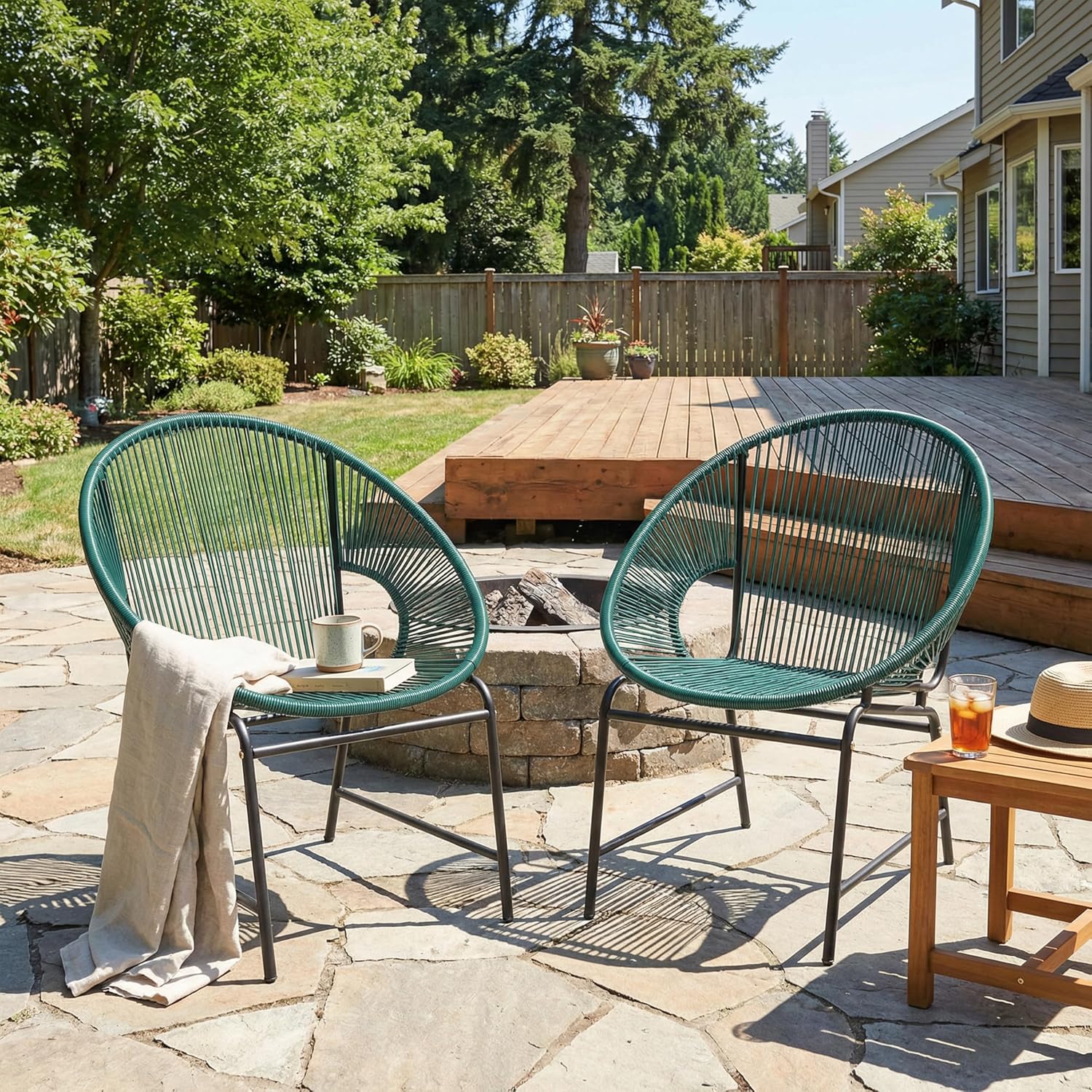 Christopher Knight Home Outdoor Wicker Chairs Set of 2, Patio Papasan Chair with Metal Frame, Faux Rattan Lounge Chair Outdoor, Teal