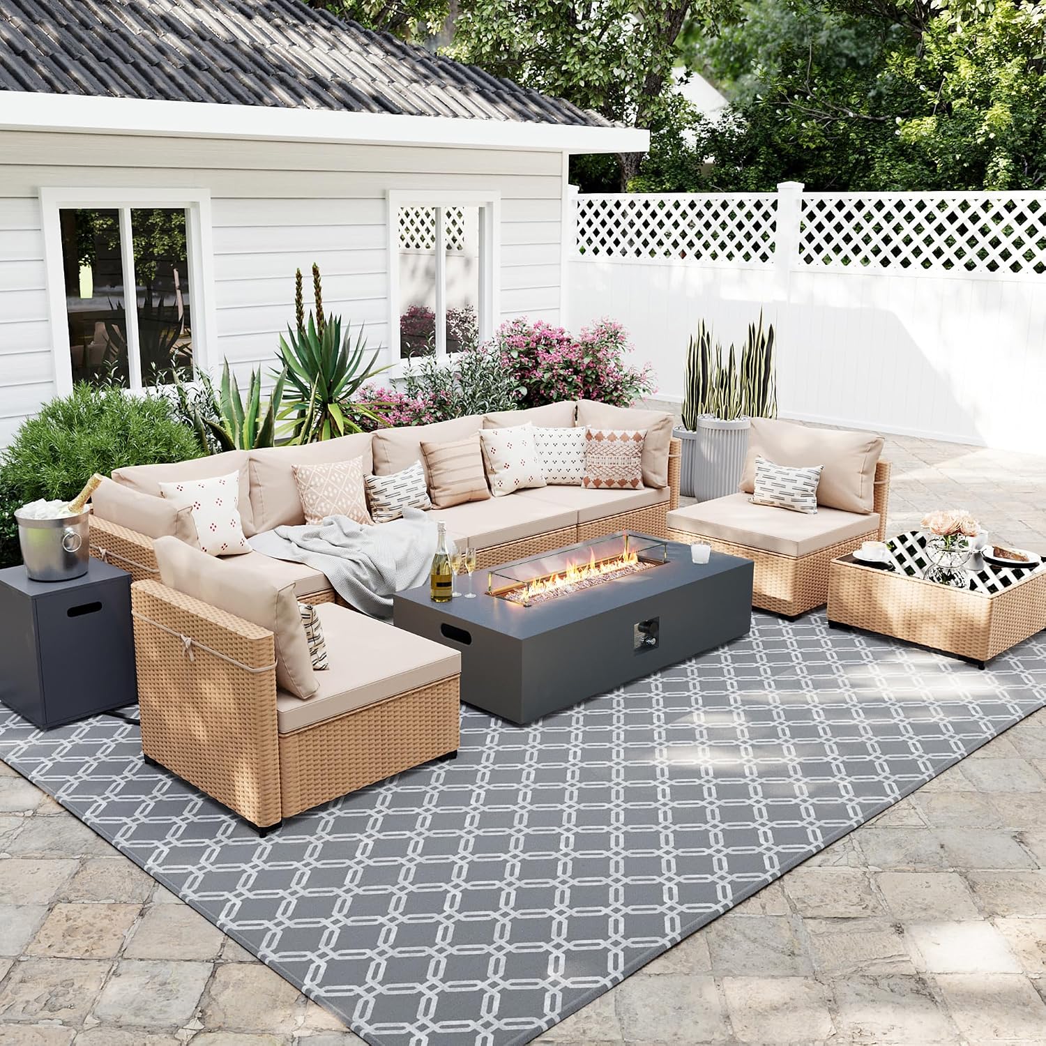 UPHA 9 Pieces Patio Furniture Sets, Wicker Outdoor Sectional Sofa Couch with Rectangle Propane Pit for Deck Backyard Garden, Beige Rattan, Beige Cushion