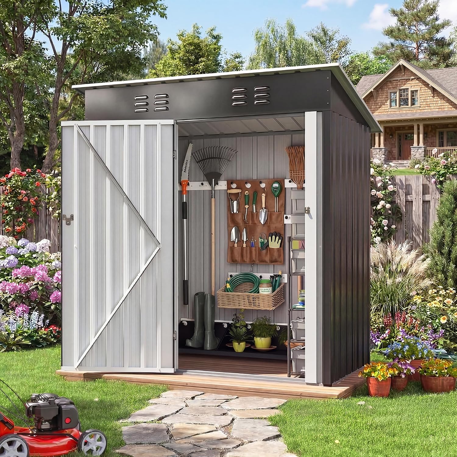 Polar Aurora Outdoor Storage Shed 5 x 3 FT, Metal Garden Shed with Updated Frame Structure, Tool Sheds for Backyard Garden Patio Lawn, Black