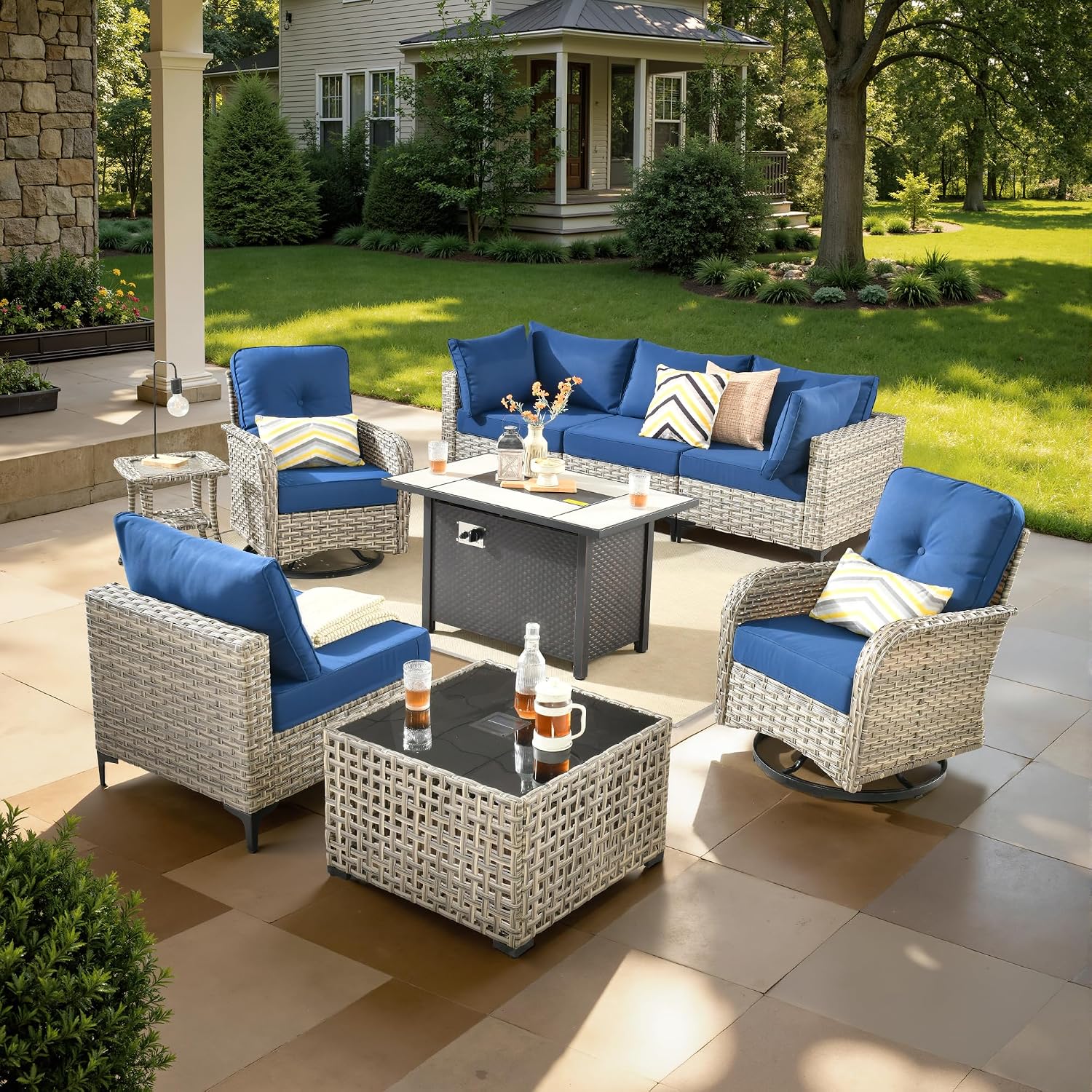 9 Pcs Patio Furniture with Fire Pit Table, Outdoor Rattan Wicker Conversation Set with Glowing Coffee Table, Comfy Sectional Sofa for Porch Balcony Backyard Pool, Blue