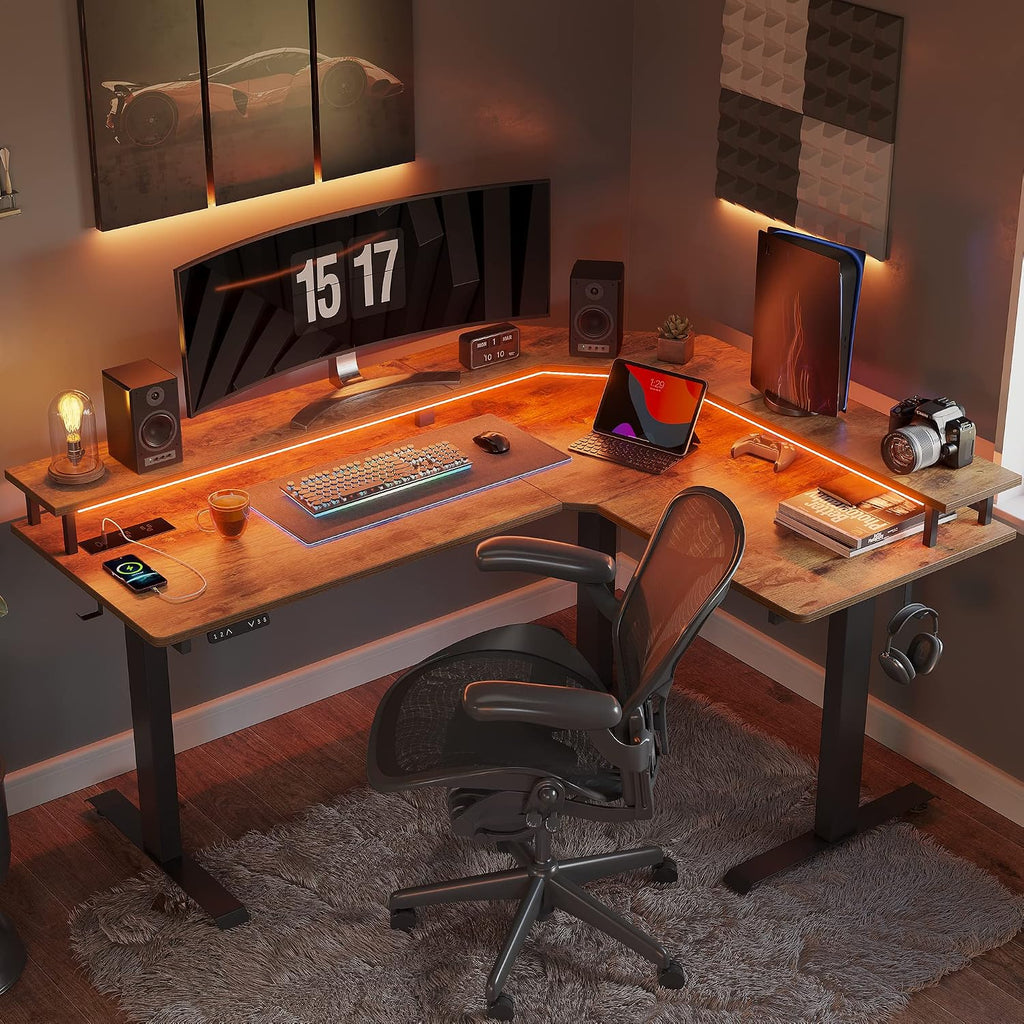 FEZIBO 63' Triple Motor L Shaped Standing Desk with LED Strip & Power Outlets, Height Adjustable Stand up Corner Gaming Desk with Ergonomic Monitor Stand, Rustic Brown Top/Black Frame