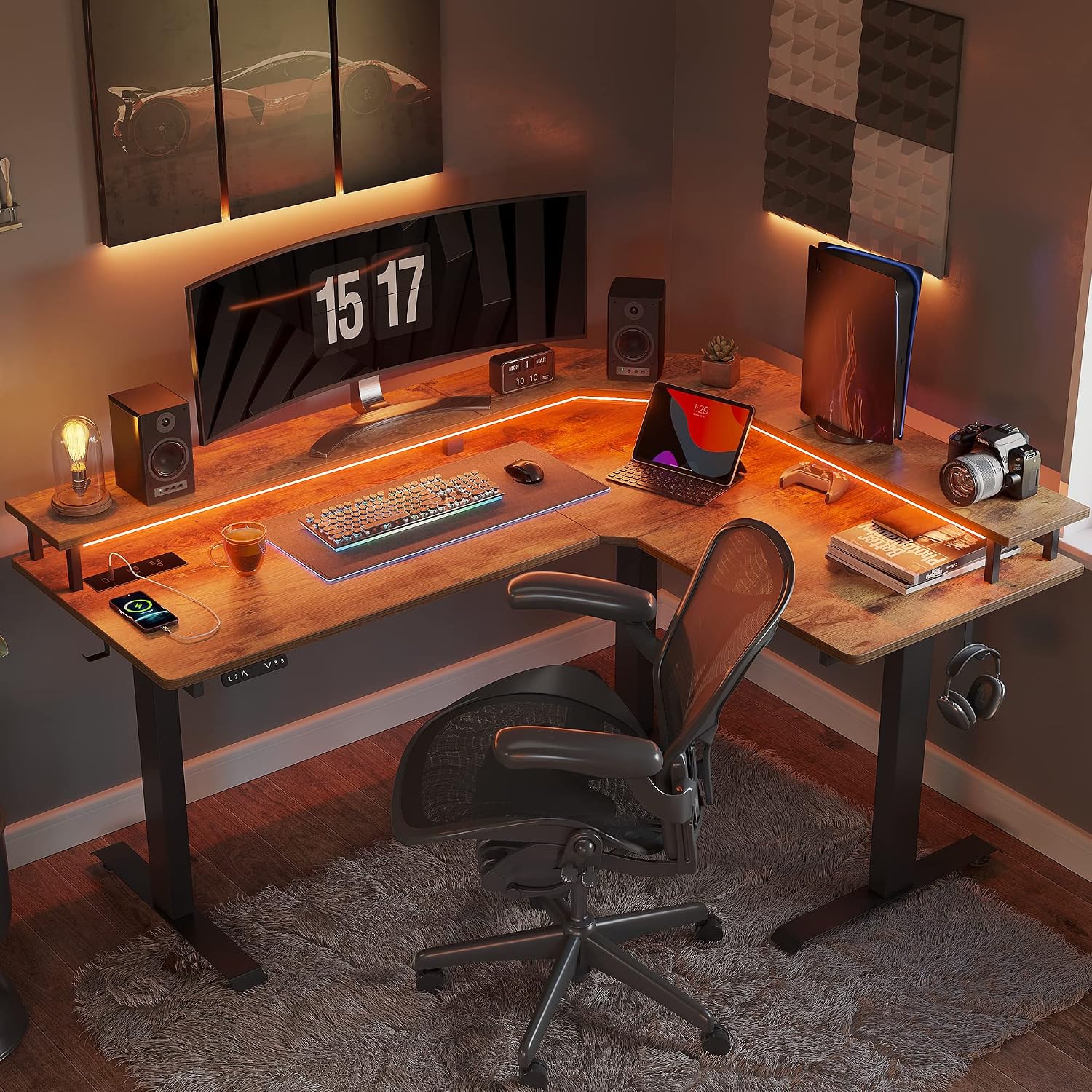 FEZIBO 63'x49' L Shaped Standing Desk with LED Strip & Power Outlets, Height Adjustable Stand up Corner Gaming Desk with Ergonomic Monitor Stand, Rustic Brown Top/Black Frame（2 Packages）