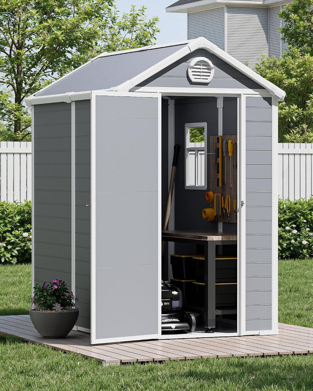 6x4.5 FT Plastic Sheds & Outdoor Storage, UV Resistant Storage Sheds Outdoor with Floor and Window, All-Weather Garden Resin Tool Shed for for Garden，Patio，and Utility Storage（Light Grey）