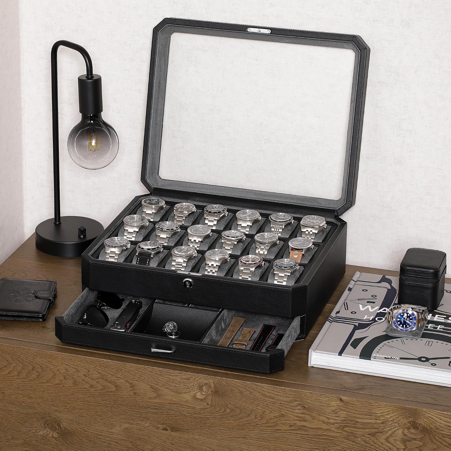 ROTHWELL 18-Slot Watch Case with Drawer – Luxury Watch Box for Men, Real Glass Top, Lockable, Display Case for Collections (Black/Grey)