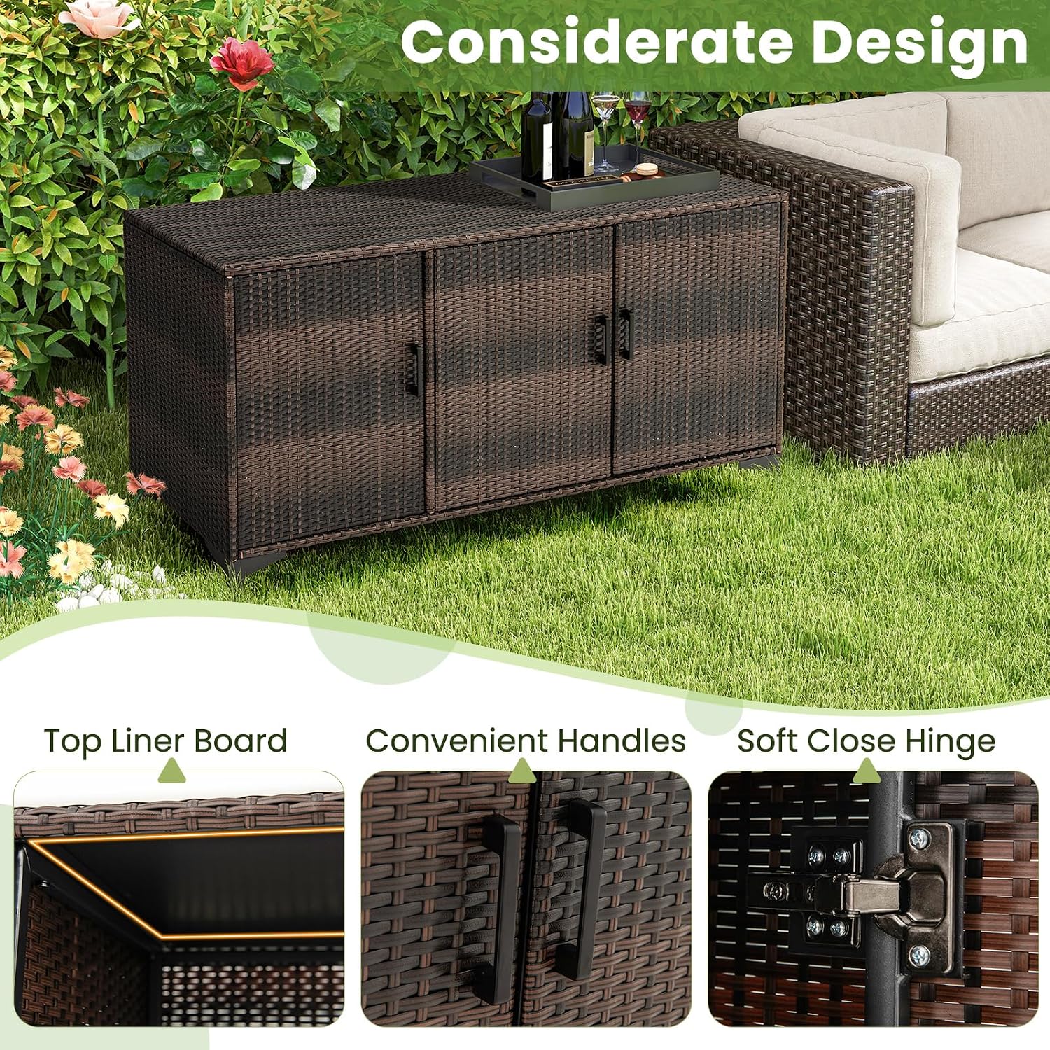 Giantex 84-Gallon Wicker Deck Box - Patio Storage Cabinet, 3-Door PE Rattan Storage Container with Removable Shelves, Indoor & Outdoor Package Box for Porch, Patio Furniture Cushions Tools (Brown)