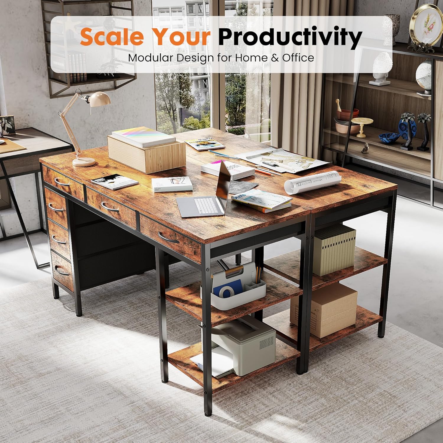 Sweetcrispy 55' Computer Desk with 6 Drawers, Home Office Gaming Desks with Storage Shelves for Bedroom, Writing Study Corner Living Room Work Table Rustic Brown