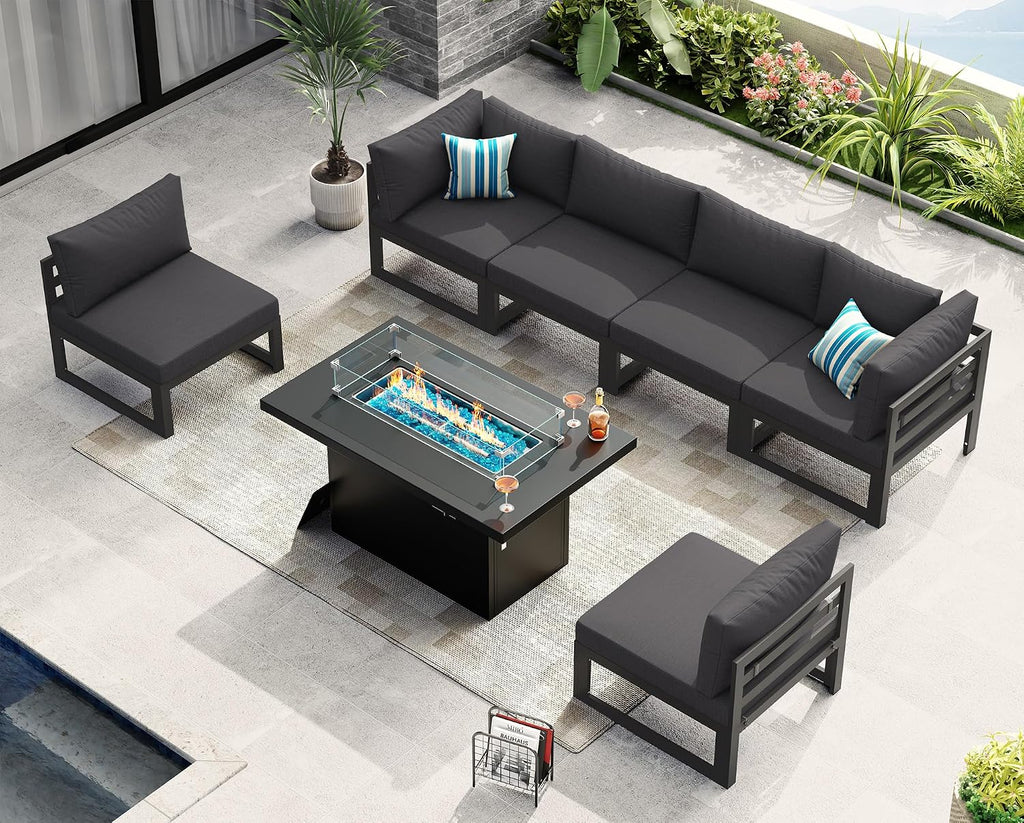 NICESOUL 7 Piece Modern Aluminum Outdoor Furniture Set with Fire Pit Propane/Gas, 29 inch Deep Wide Seat, All Weather Patio Conversation Set, L Shaped Modular Sectional Sofa for Backyard, Dark Gray