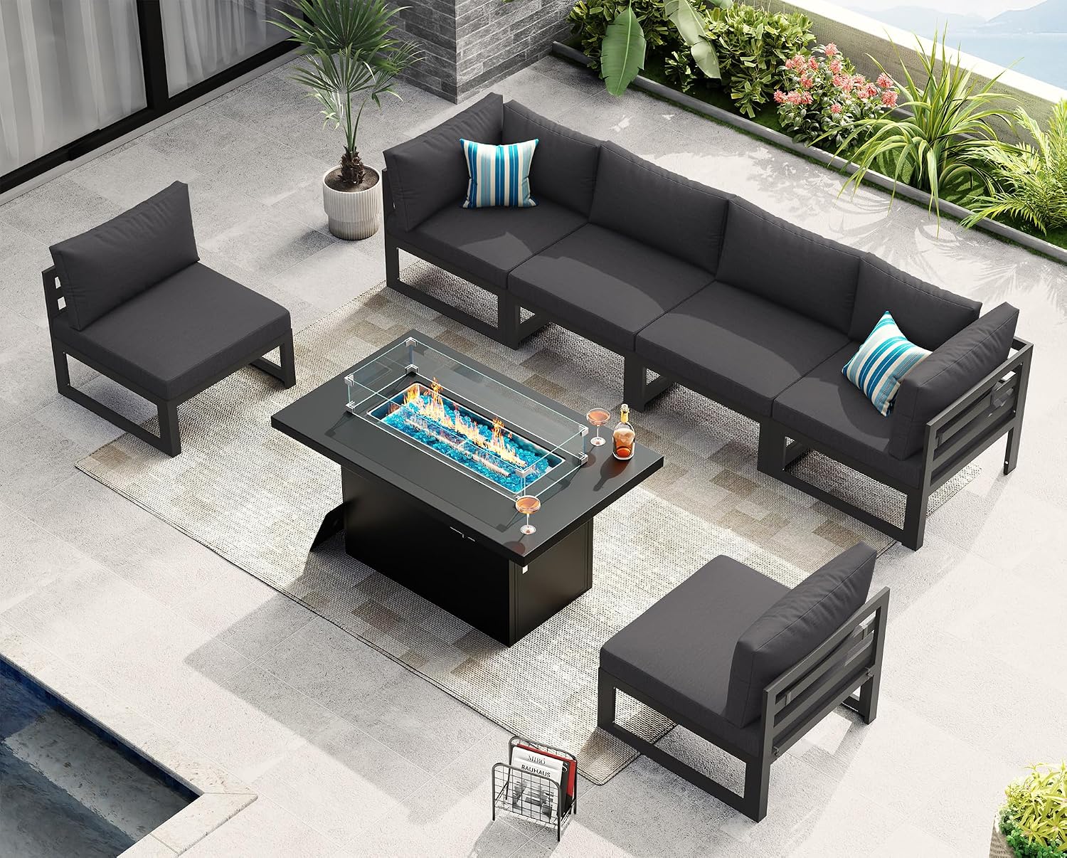 NICESOUL 7 Piece Modern Aluminum Outdoor Furniture Set with Fire Pit Propane/Gas, 29 inch Deep Wide Seat, All Weather Patio Conversation Set, L Shaped Modular Sectional Sofa for Backyard, Dark Gray