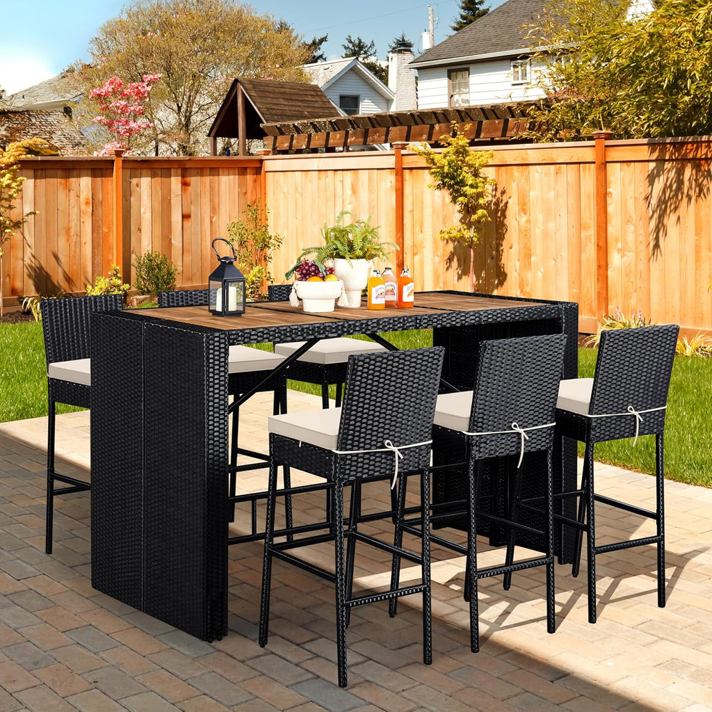 Yaheetech 7 Piece Patio Dining Set Outdoor Acacia Wood Bar Table and Chairs with Removable Cushions, Wicker Furniture Set for Deck, Backyard, Garden, Black/Beige