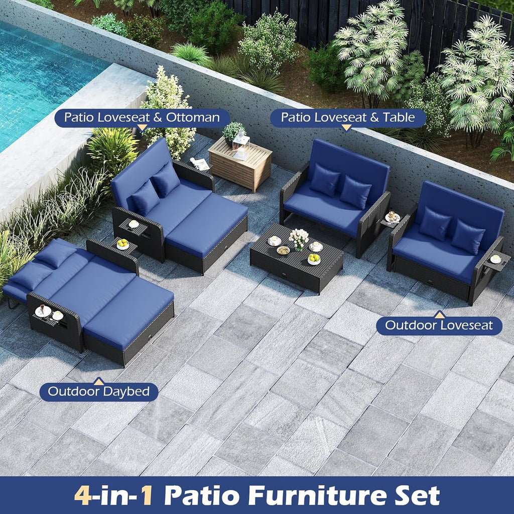 Tangkula Patio Rattan Daybed with 4-Level Adjustable Backrest, Outdoor PE Wicker Loveseat with Storage Ottoman & Folding Side Tray, Double Sunbed Lounger for Balcony, Backyard & Poolside (Navy)