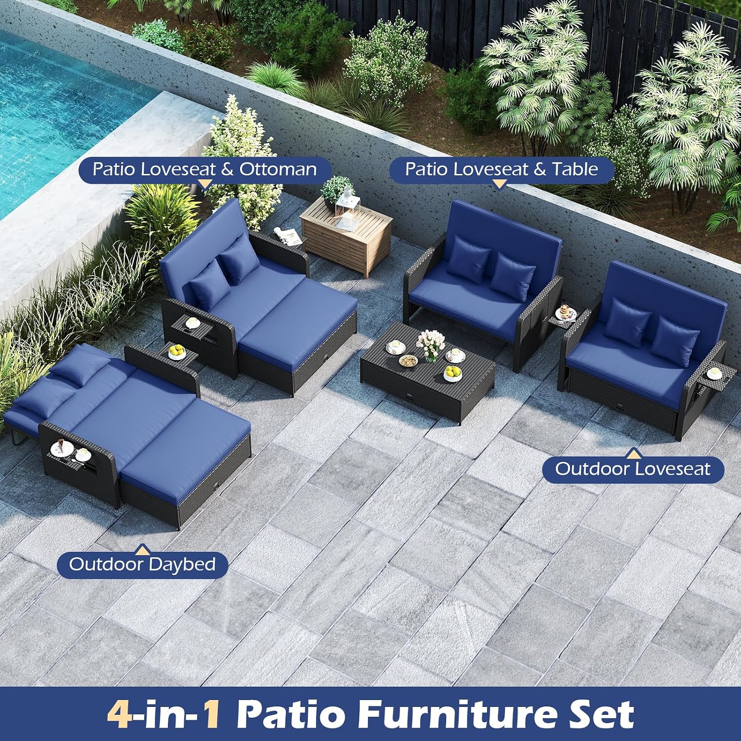 Tangkula Patio Rattan Daybed with 4-Level Adjustable Backrest, Outdoor PE Wicker Loveseat with Storage Ottoman & Folding Side Tray, Double Sunbed Lounger for Balcony, Backyard & Poolside (Navy)