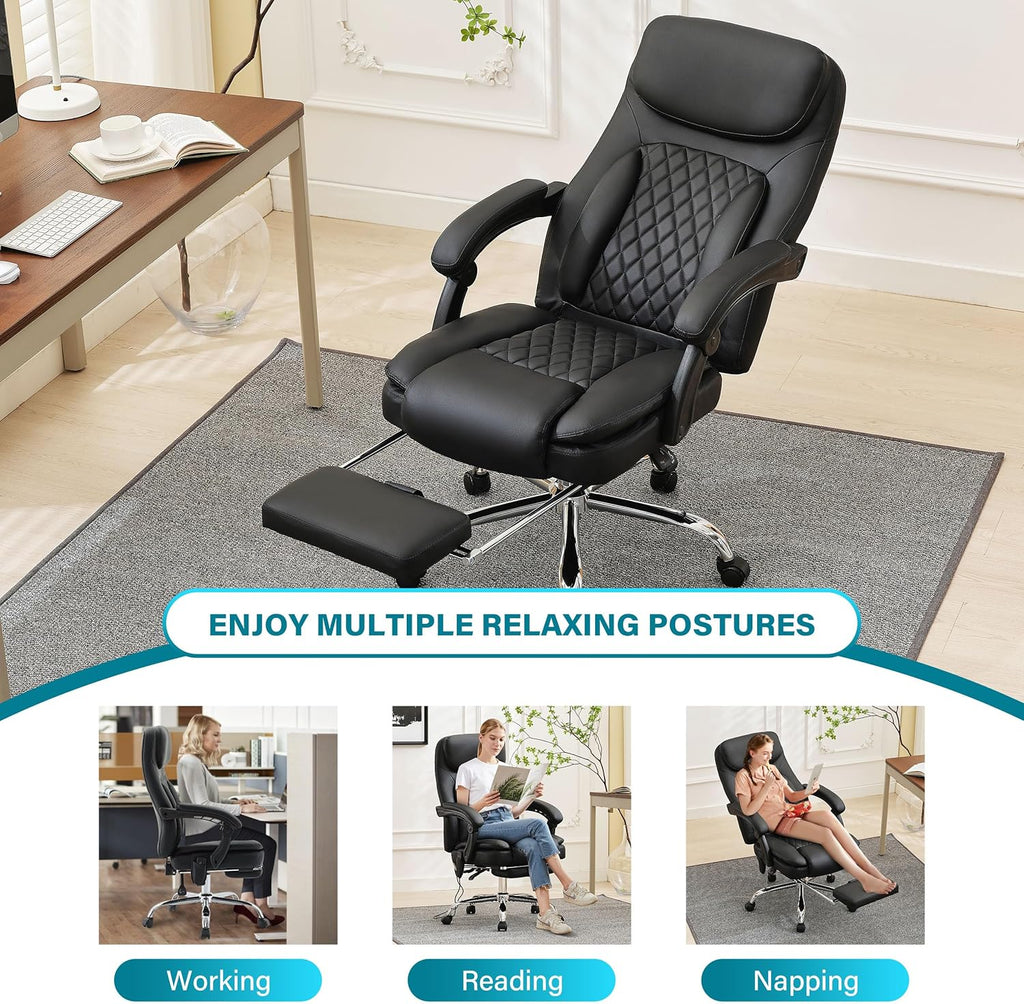 6-Point Massage Office Chair with Heated, Ergonomic Office Chair with Footrest & 45°Reclining High Back, Big and Tall Executive Office Chair 500LBS, Thick Cushion Desk Chair for Home Office, Black(PU)