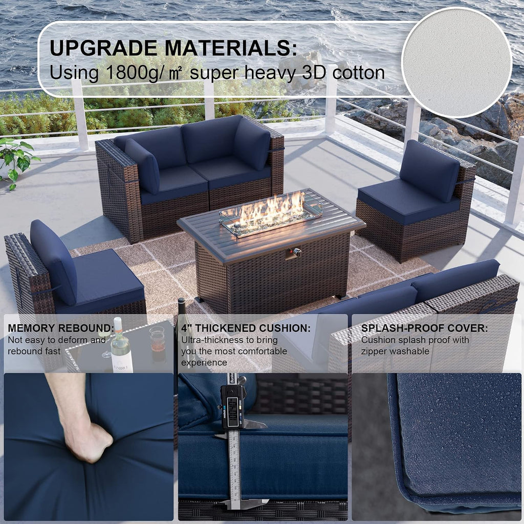 Kullavik 8 Pieces Outdoor Patio Furniture Set with 43' 55000BTU Gas Propane Fire Pit Table PE Wicker Rattan Sectional Sofa Patio Conversation Sets,Navy Blue
