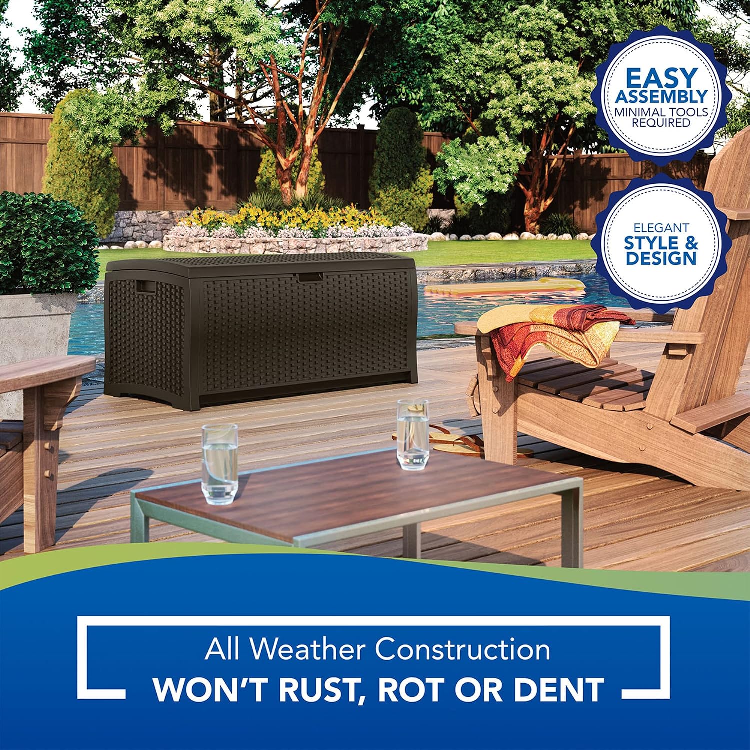 Suncast Outdoor Storage Box - 73 Gallon Mocha Brown Deck Box for Patio, weather-resistant Outdoor Storage Bench, Resin Wicker Style, Heavy-Duty, Lockable Lid for Cushions, Shoes, Pool & Garden Gear