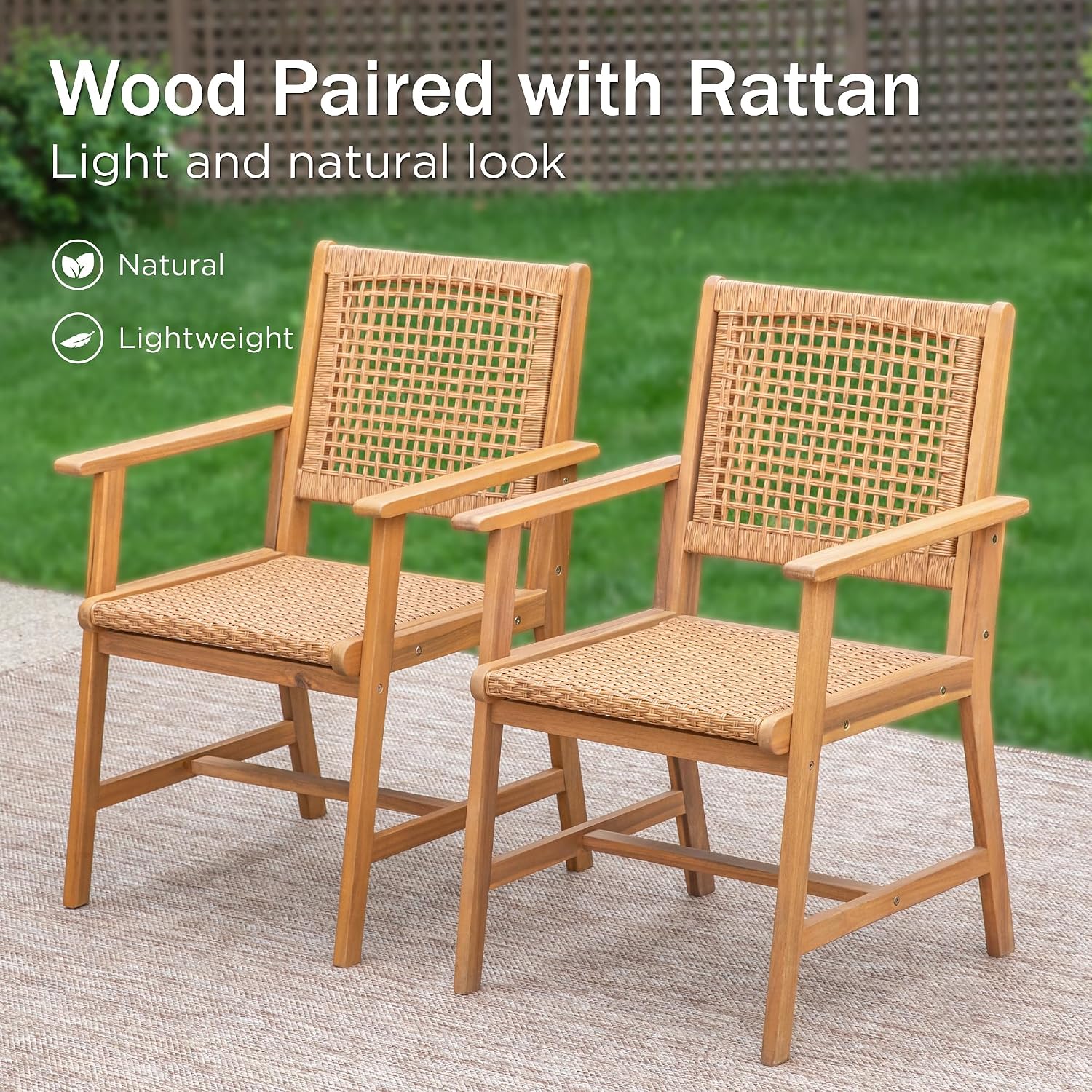 PHI VILLA Outdoor Acacia Wood Dining Chairs Set of 2, Armchairs with Strong Wicker Back & Seat, Farmhouse Style Teak Patio Deck Yard Balcony Garden Furniture