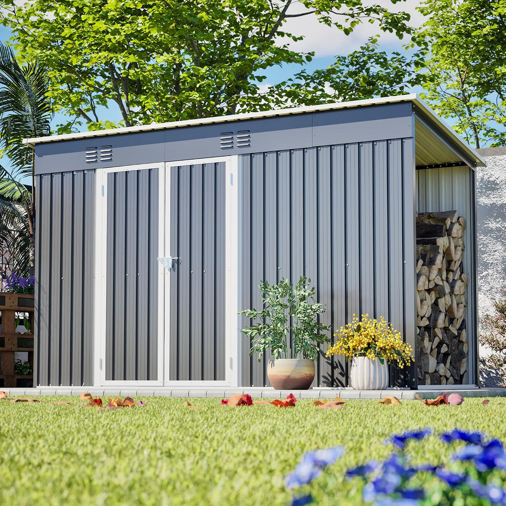 YOPTO 4x10 FT Outdoor Storage Shed with Floor,Metal Shed W/Log Store,Garden Tool Storage House W/Lockable Door & Sloped Roof,for Backyard,Patio,Lawn,Gray