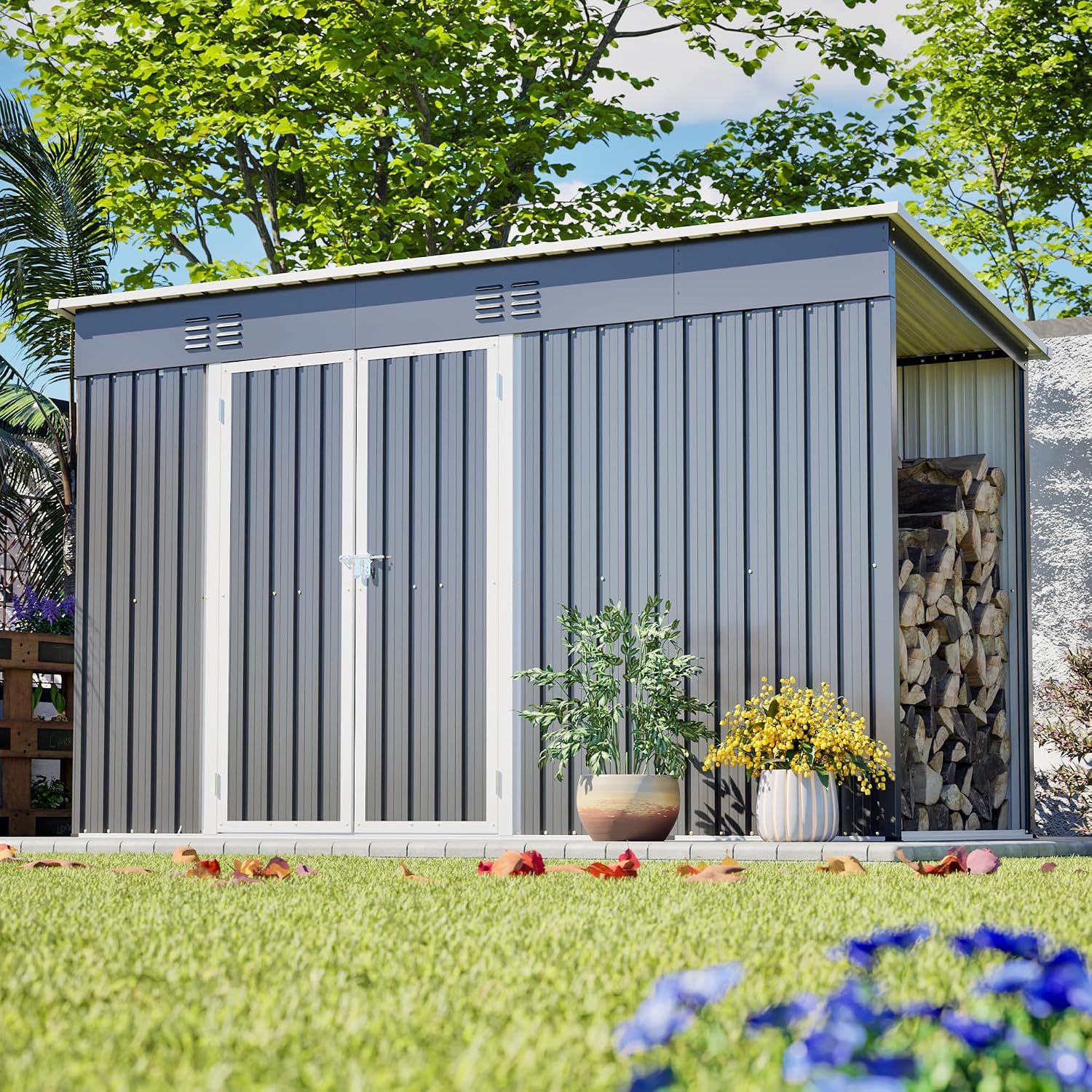 YOPTO 4x10 FT Outdoor Storage Shed with Floor,Metal Shed W/Log Store,Garden Tool Storage House W/Lockable Door & Sloped Roof,for Backyard,Patio,Lawn,Gray