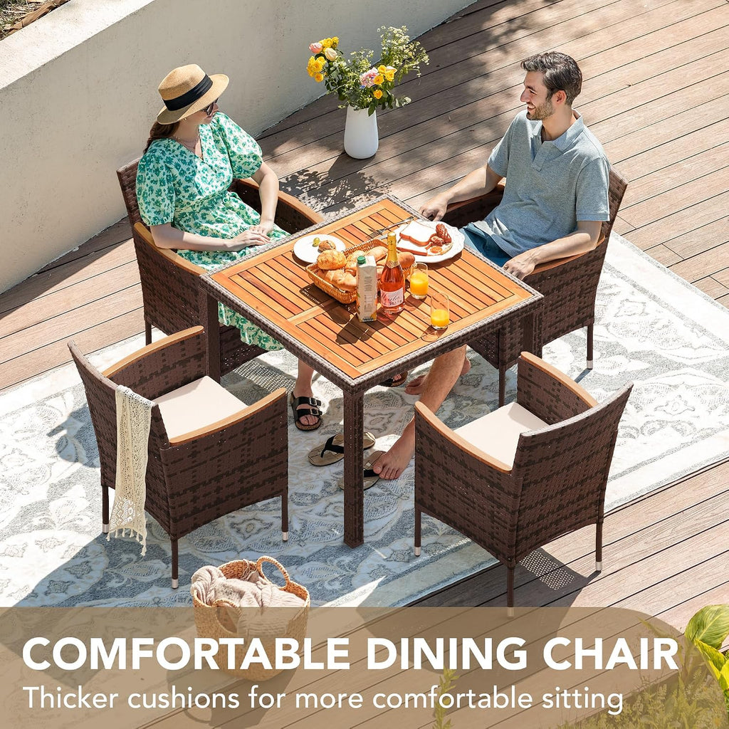 Devoko 5 PCS Furniture, Patio Conversation Set with Acacia Wood Top, Rattan Outdoor Dining Table and Chairs for Backyard, Garden, Deck, Brown