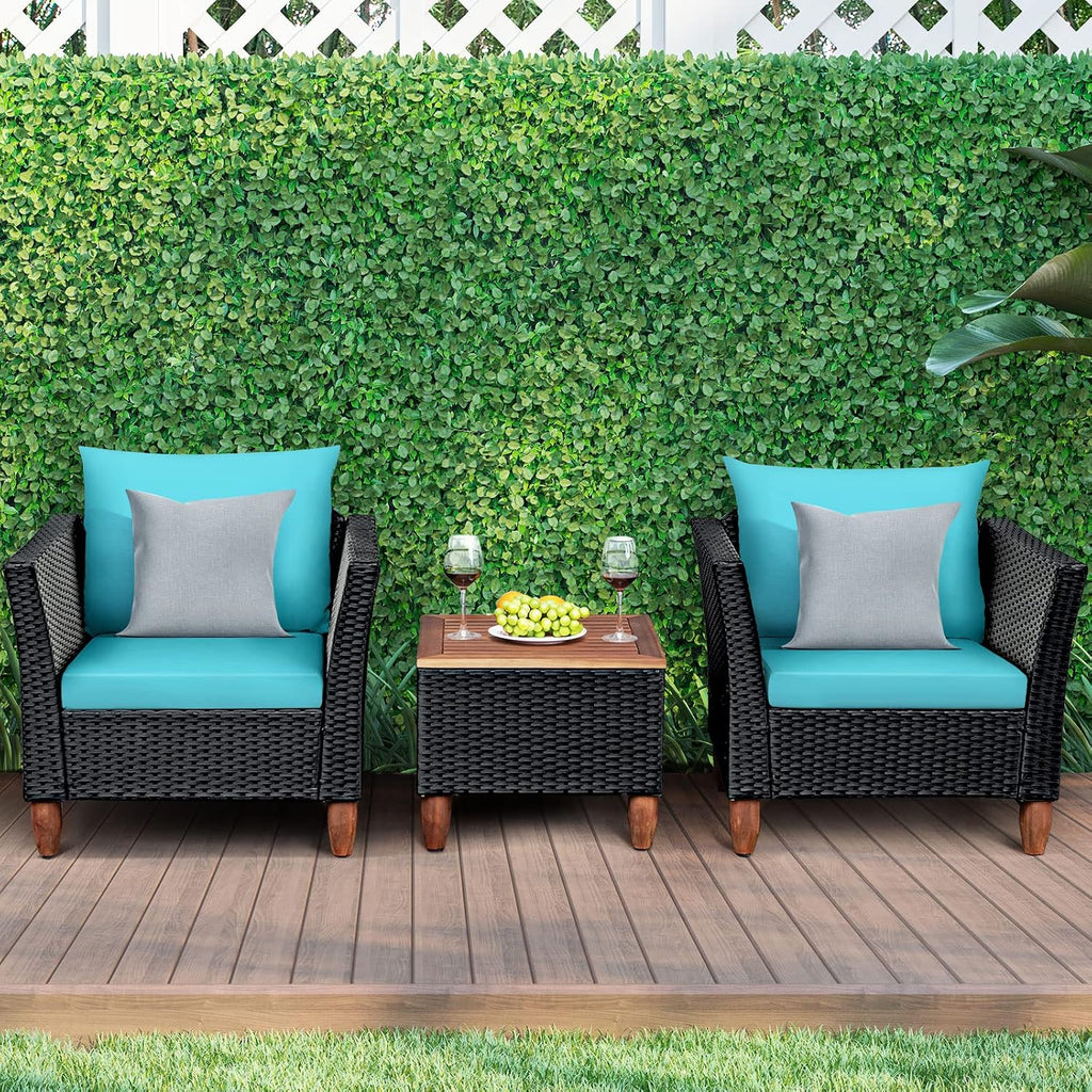 COSTWAY 3 Pieces Patio Rattan Furniture Set, Outdoor Wicker Conversation Chairs Set with Acacia Wood Coffee Table & Washable Cushion, Porch Furniture Bistro Set for Balcony, Garden Backyard, Turquoise