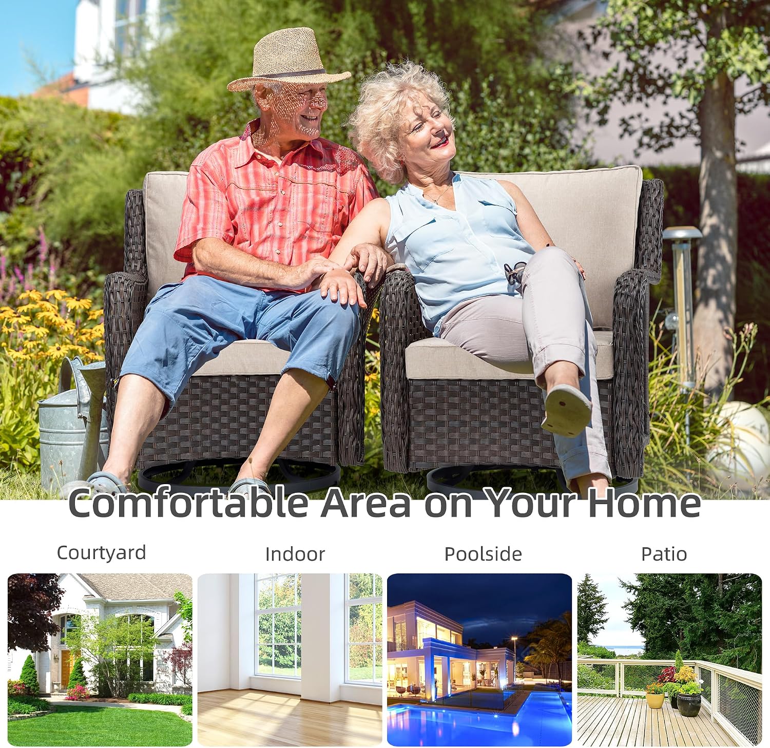 GarveeLife 3 Pieces Outdoor Swivel Chair Set, Upgraded Encrypted Rattan Wicker Swivel Rocker Patio Chairs, Thick Cushion and Side Table for Balcony, Porch, Backyard, Garden, Beige