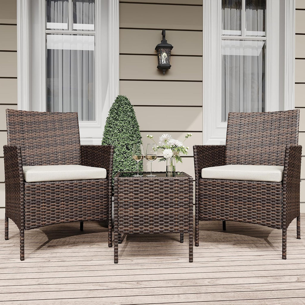 3 Piece Patio Furniture Set, Outdoor Patio Wicker Sofa Set with Upholstery and Glass Storage Coffee Table, All Weather Conversation Rattan Set for Garden, Porch, Lawn, Pool, Brown