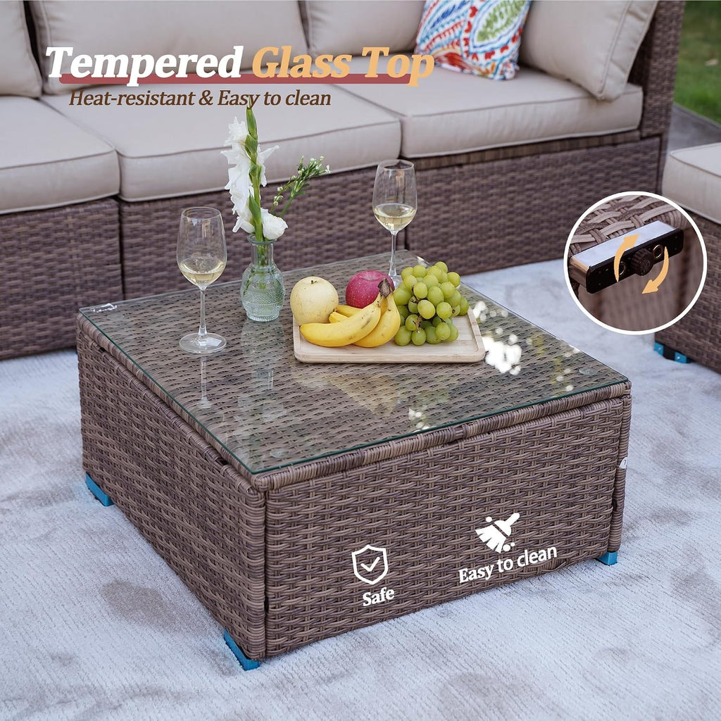 7-Piece Outdoor Patio Furniture Set, All-Weather PE Rattan Sectional Sofa Conversation Set with Glass Coffee Table, Brown Wicker Furniture for Backyard, Spring