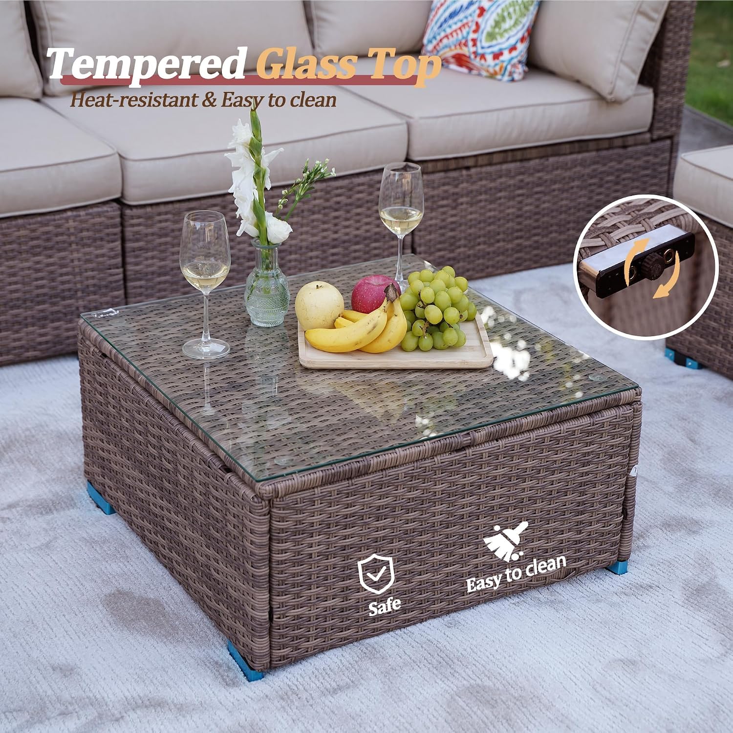 7-Piece Outdoor Patio Furniture Set, All-Weather PE Rattan Sectional Sofa Conversation Set with Glass Coffee Table, Brown Wicker Furniture for Backyard, Spring