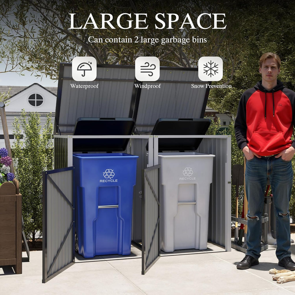 Outdoor Trash Can Storage, Garbage Bin Shed Stores 2 Trash Cans with Pneumatic Support Rod, 54 Cubic feet of Space, Metal Outdoor Storage Shed for Garbage Cans, Garden, Backyard, and Patio, Grey