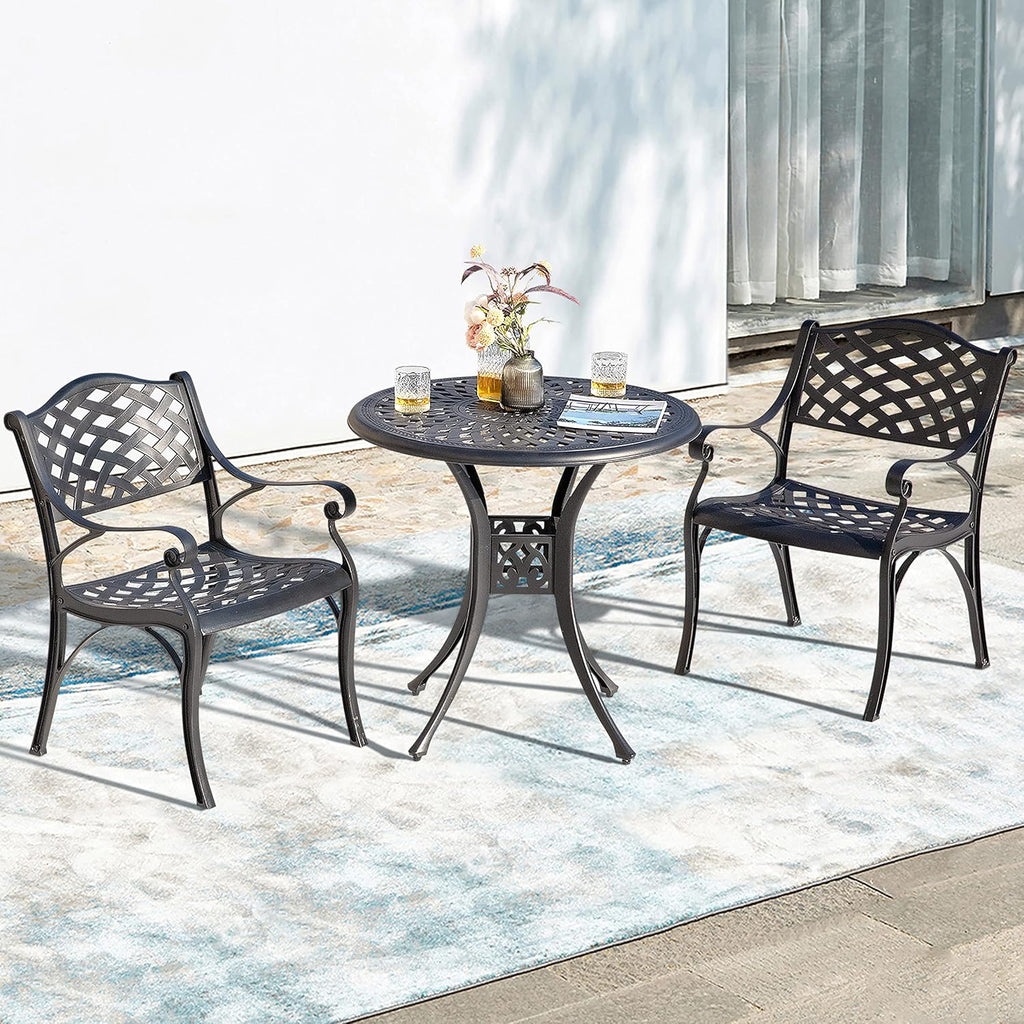 NUU GARDEN 3 Piece Outdoor Cast Aluminum Bistro Table Set Rustproof Table and Chairs with Umbrella Hole for Backyard, Balcony, Front Porch, Black