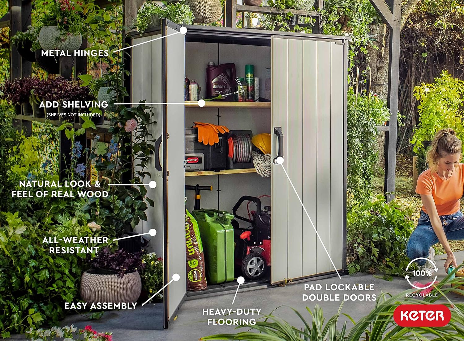 Keter Premier Tall 4.6x5.6 ft Resin Outdoor Storage Shed, Backyard Garden Shed with Shelving Brackets for Tools, Patio Furniture, Pool & Bike Storage, Grey & Black, 62 cu. ft Capacity