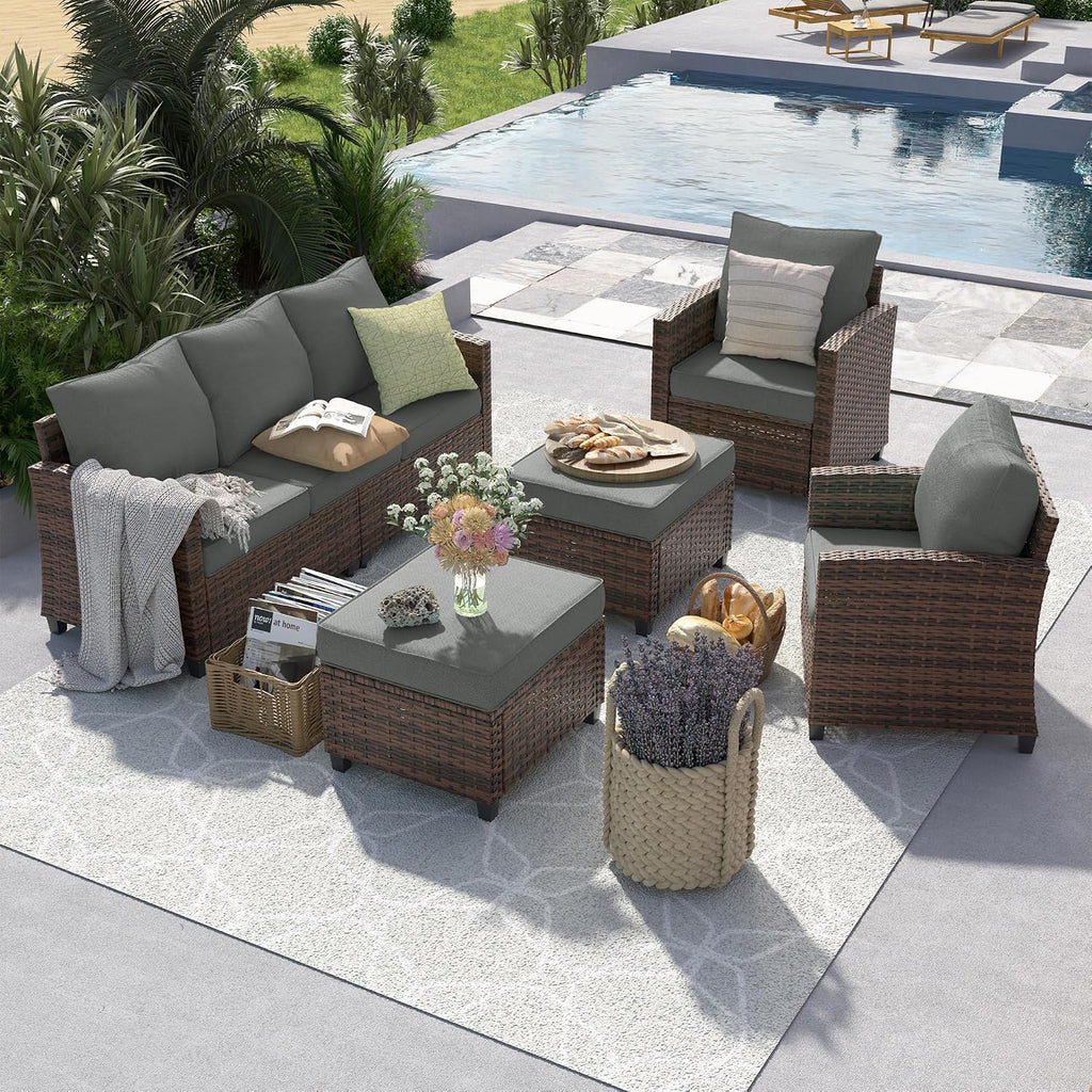 UDPATIO Patio Conversation Set, 5 Pieces Outdoor Furniture Set, All-Weather Wicker Rattan High Back Outdoor Sectional Sofa Set with Ottoman for Poolside, Backyard, Brown Wicker Dark Grey Cushions