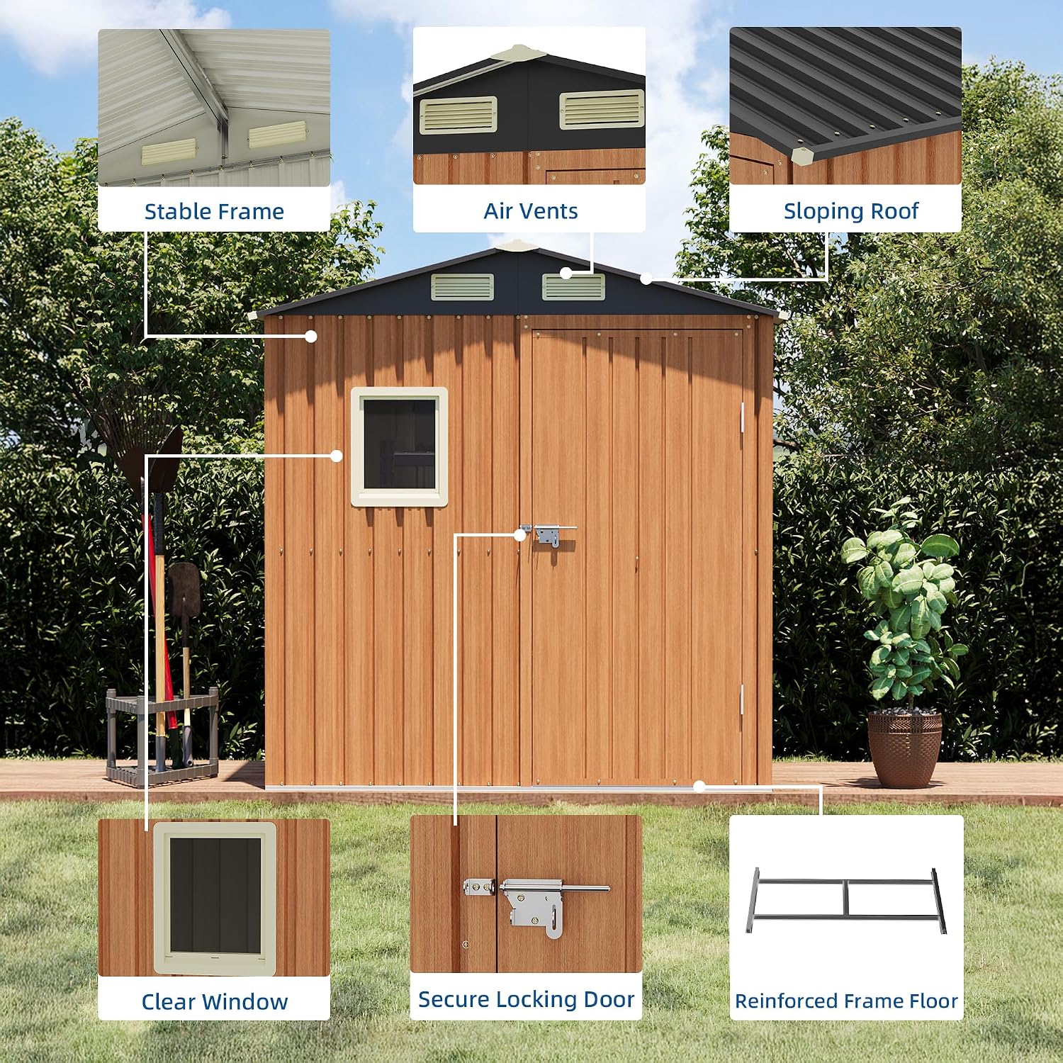 6x4FT Outdoor Storage Shed, Metal Garden Shed with Floor Base & Updated Frame Structure, Lockable Door and Window, Large Tool Shed for Backyard, Patio, Lawn, Utility & Bike Storage